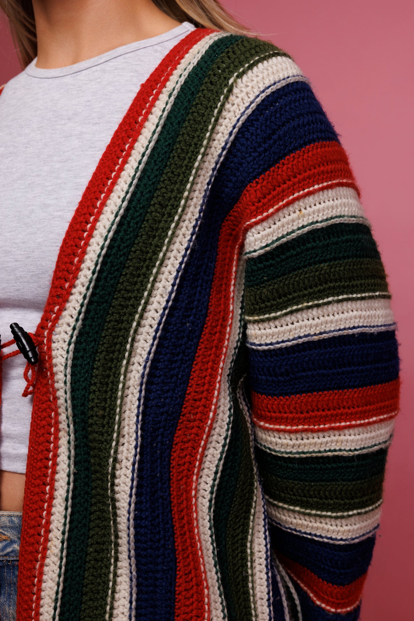 70's Handcrocheted Striped Cardigan M