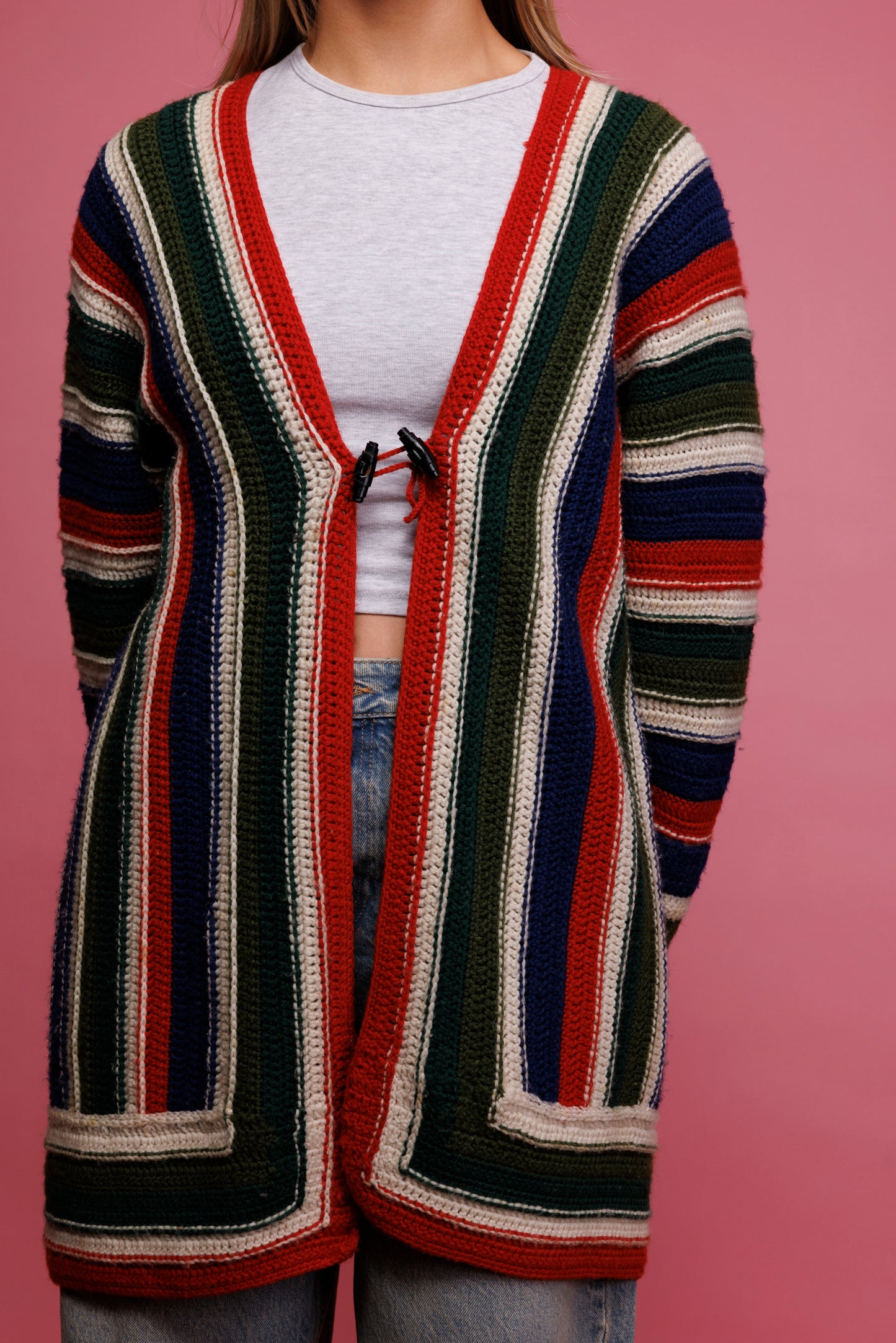 70's Handcrocheted Striped Cardigan M