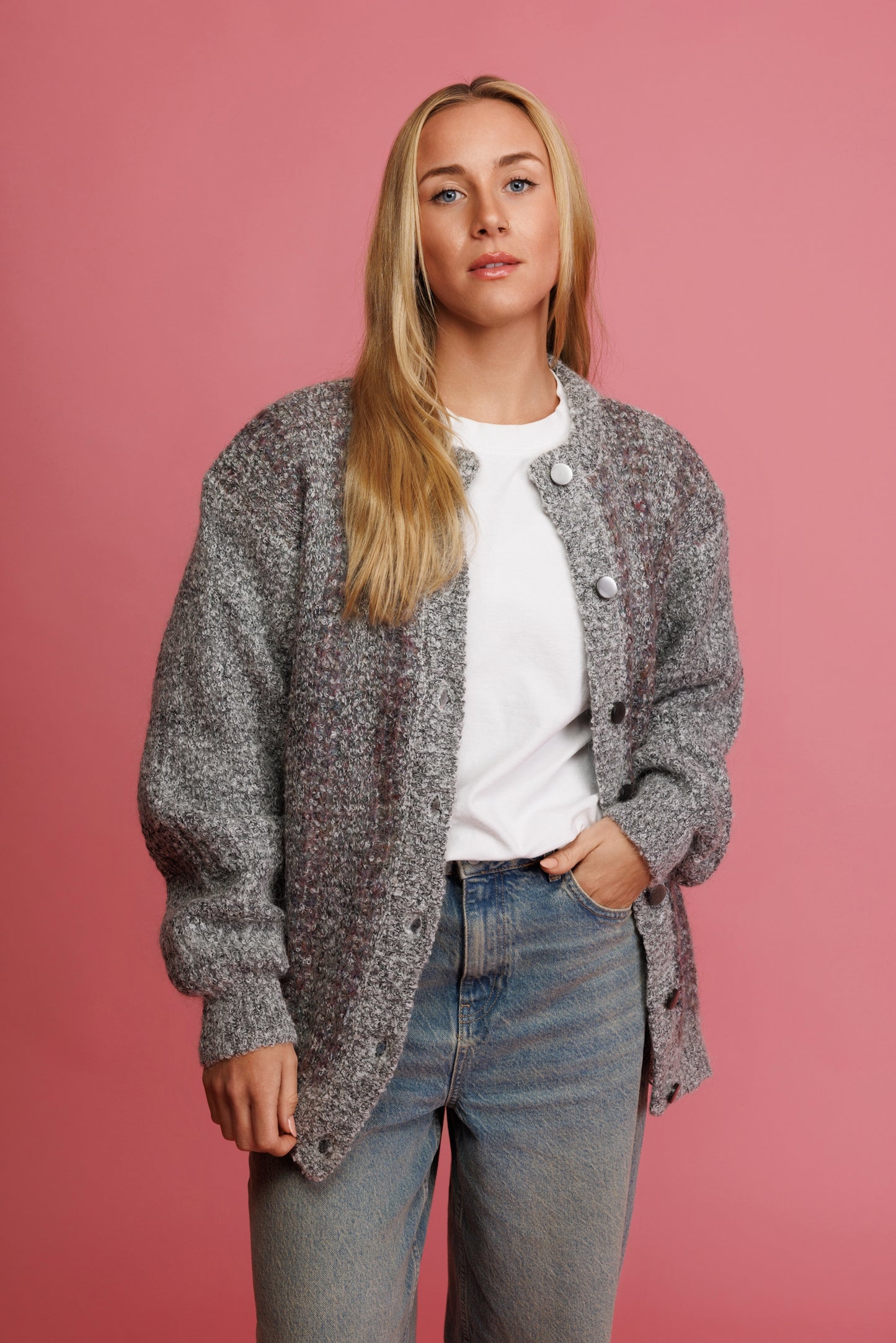 80's Grey Marled Cardi Coat M