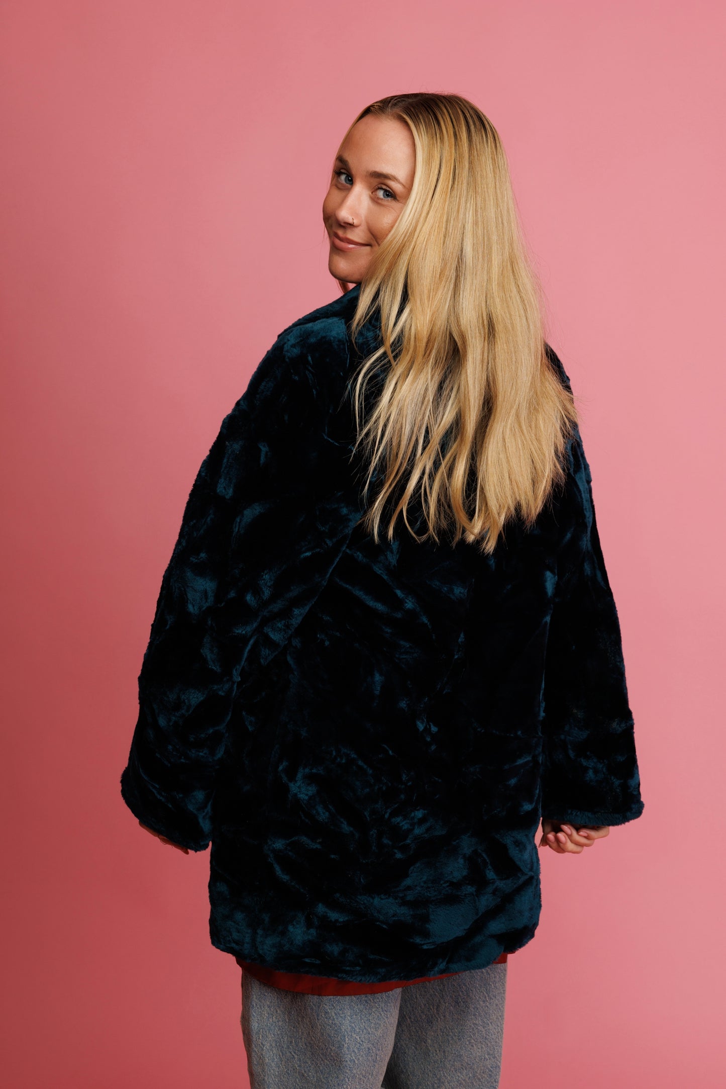 90's Teal Faux Fur Jacket M