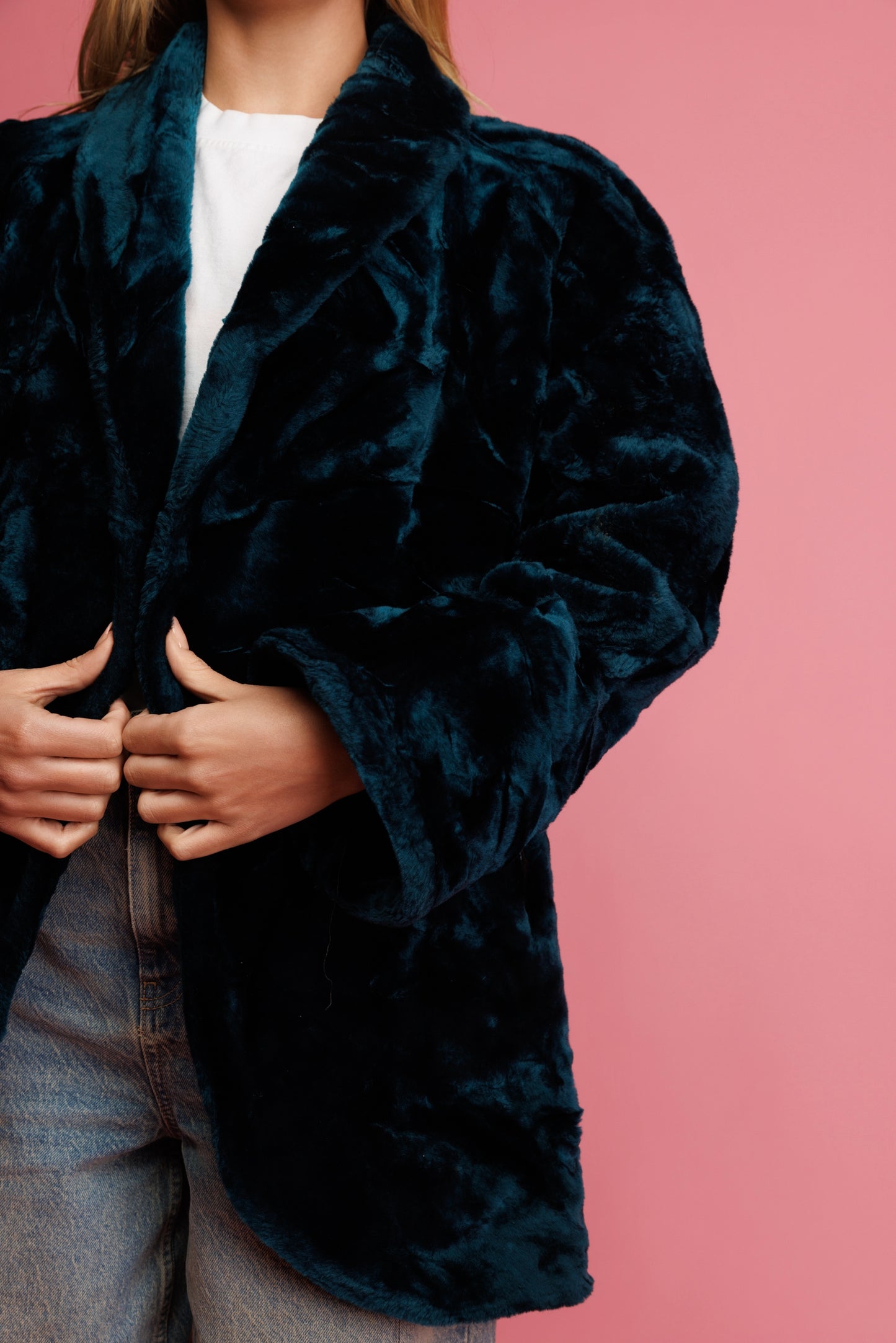 90's Teal Faux Fur Jacket M