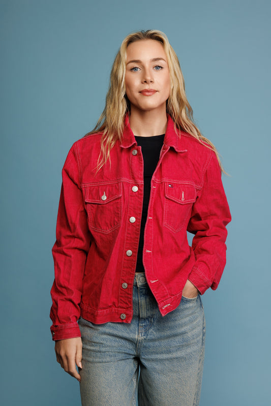 90's Tommy Hilfiger Red Denim Jacket M