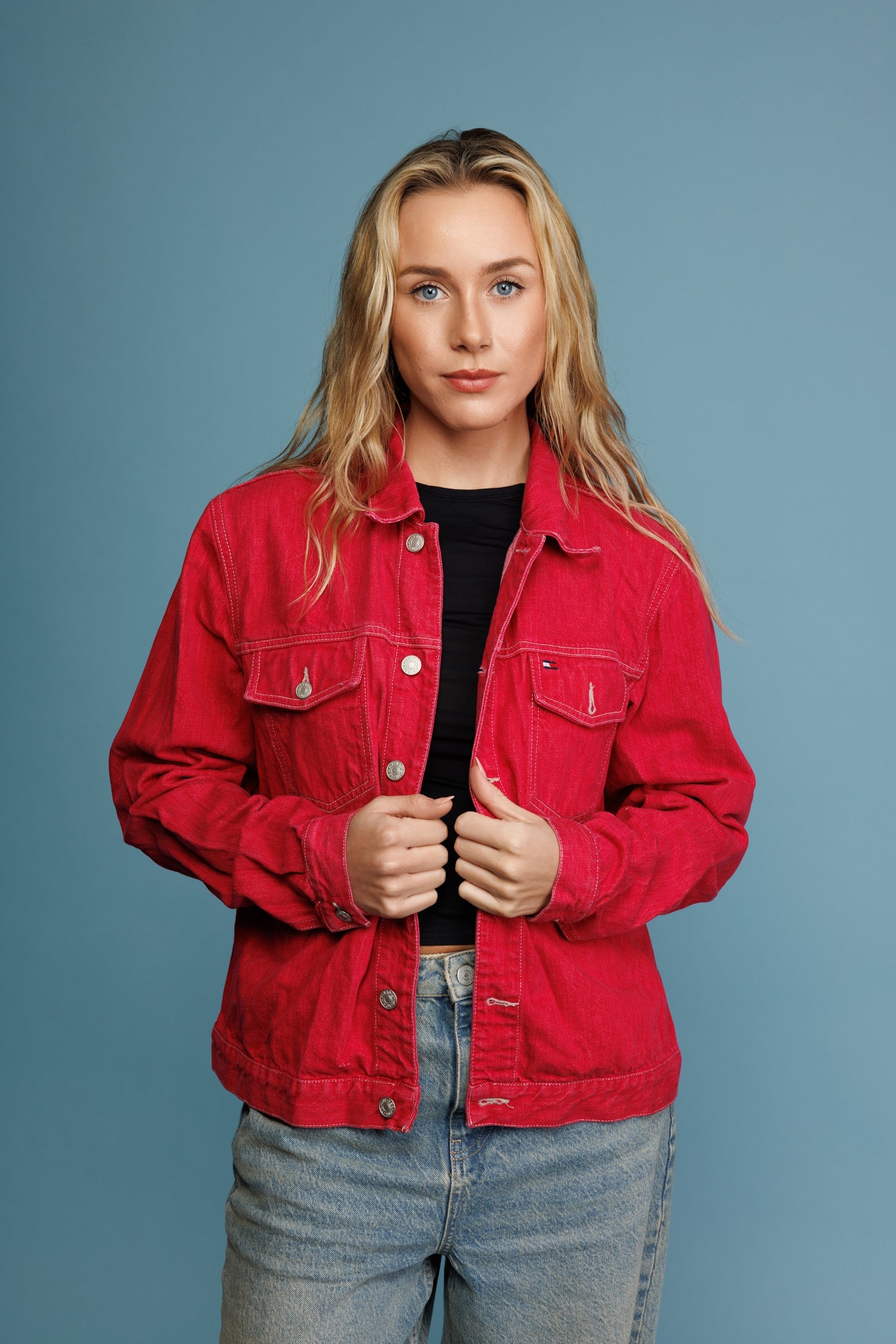 90's Tommy Hilfiger Red Denim Jacket M