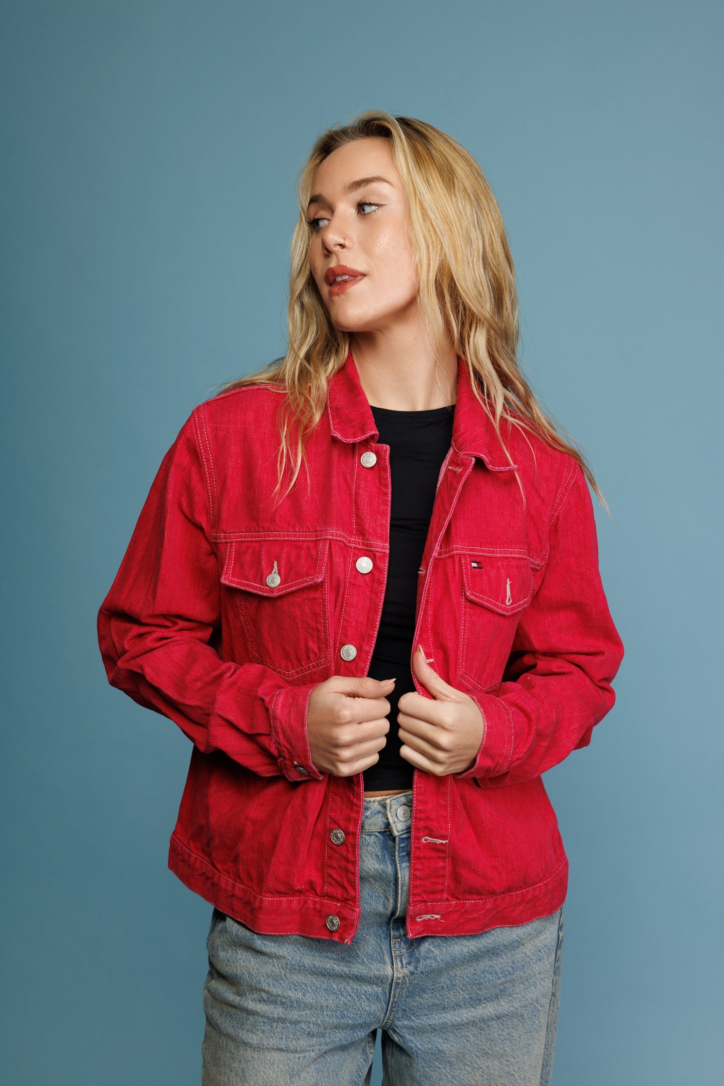 90's Tommy Hilfiger Red Denim Jacket M