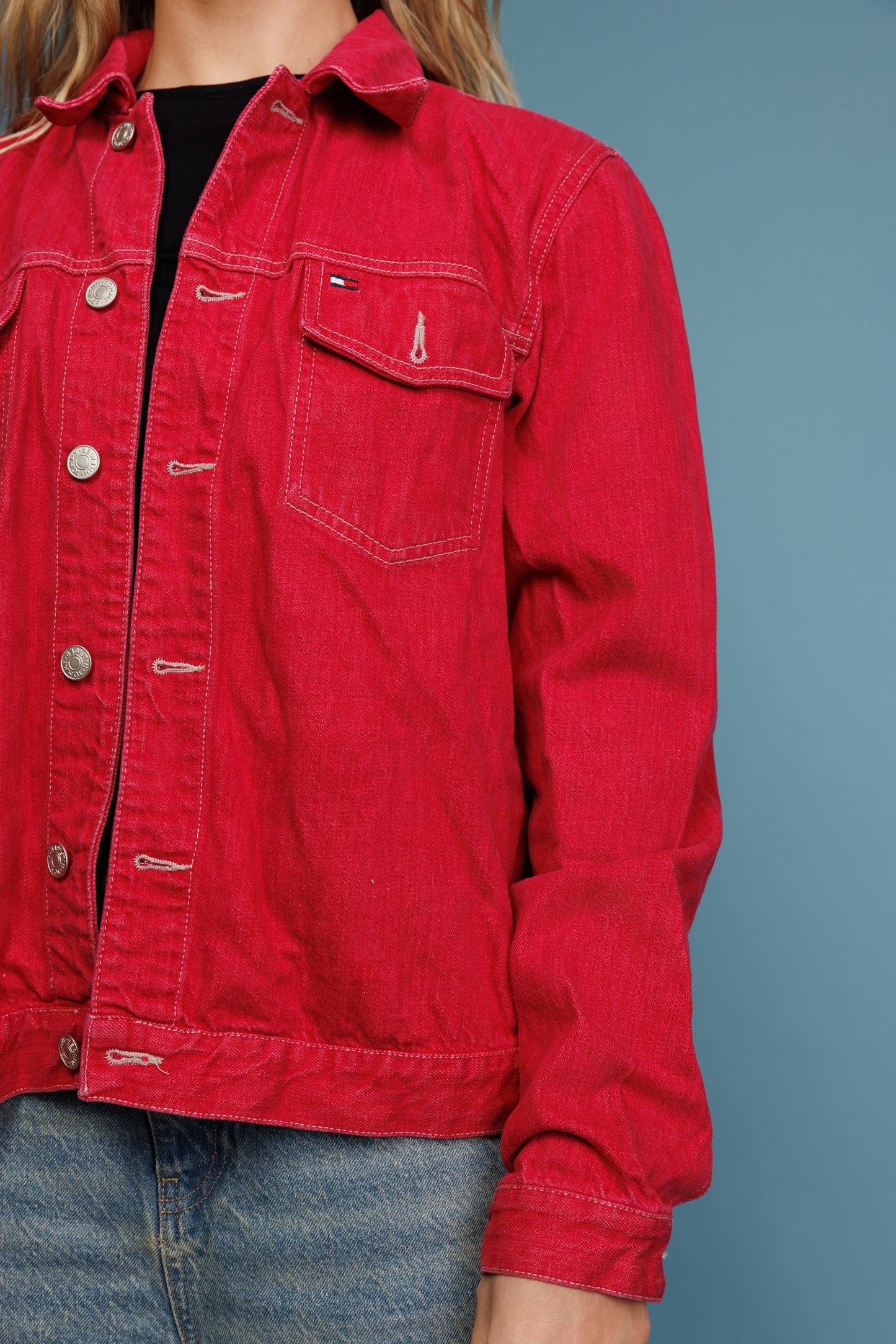 90's Tommy Hilfiger Red Denim Jacket M