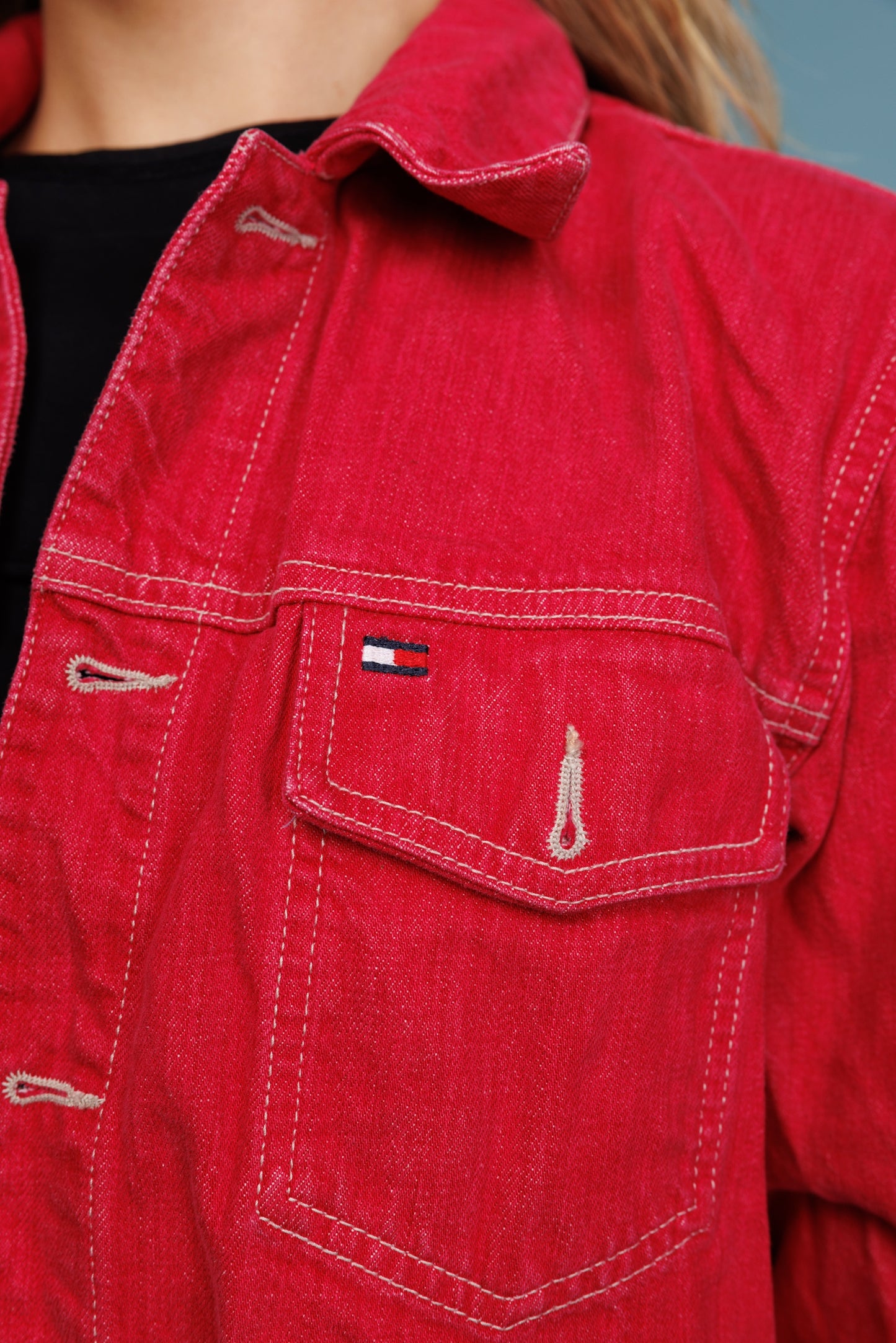 90's Tommy Hilfiger Red Denim Jacket M