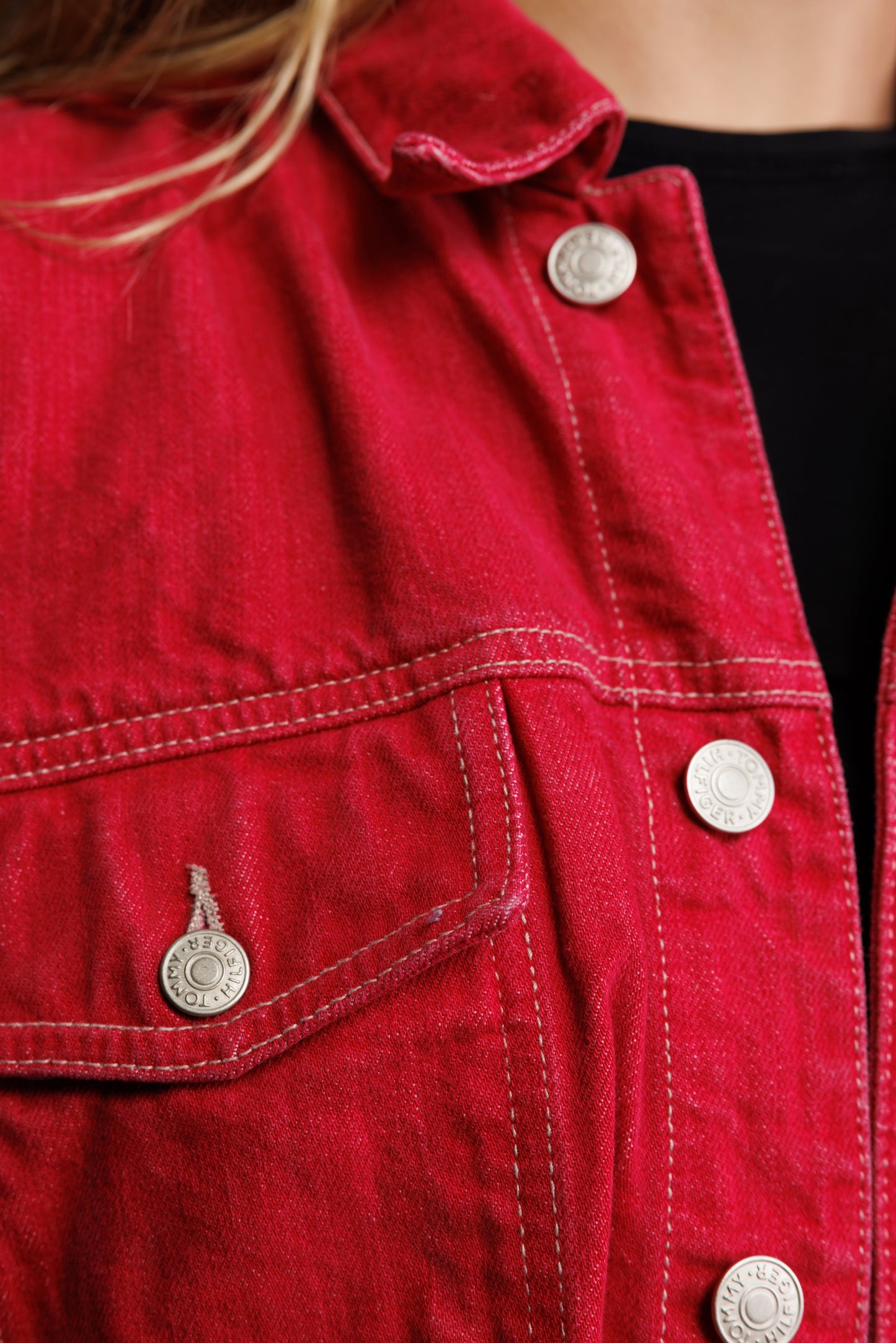 90's Tommy Hilfiger Red Denim Jacket M