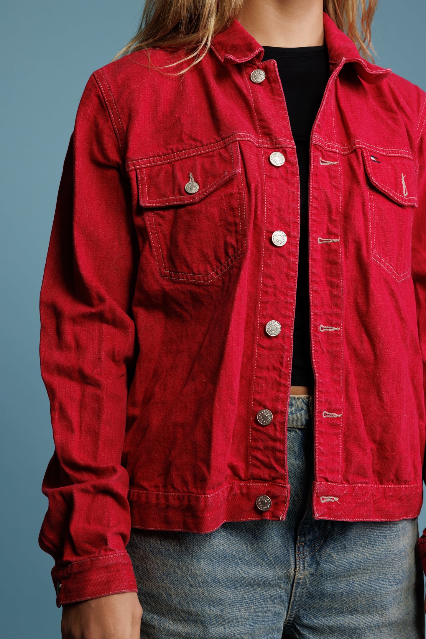 90's Tommy Hilfiger Red Denim Jacket M