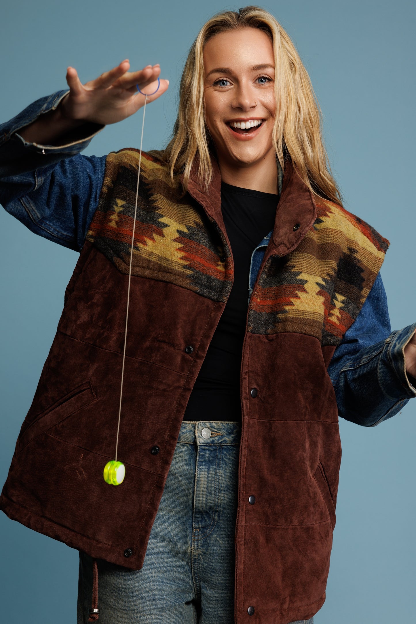 80's Aztec & Suede Bomber Gilet L