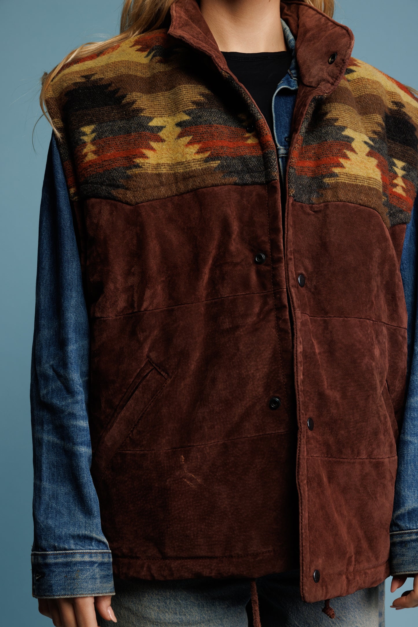80's Aztec & Suede Bomber Gilet L