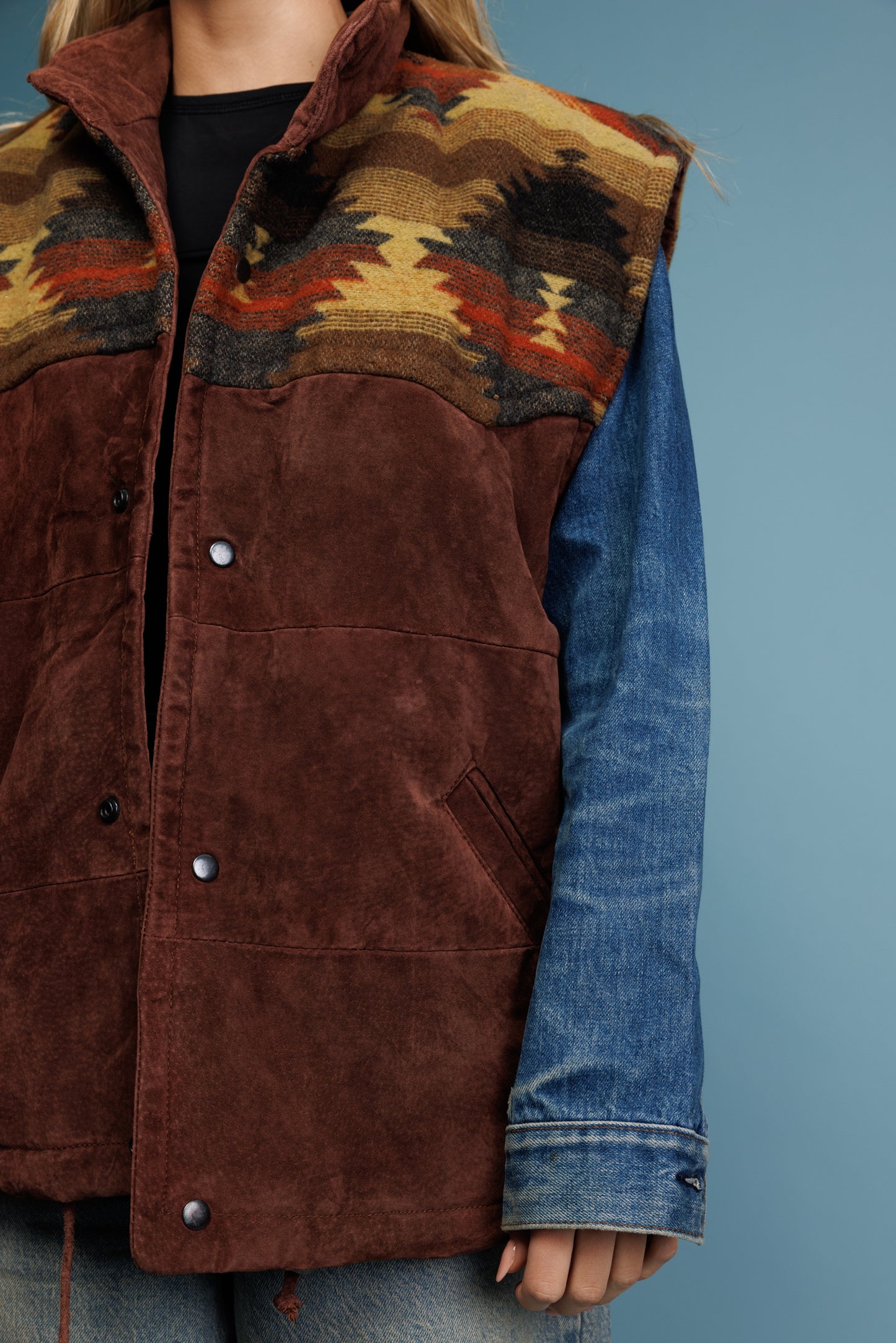 80's Aztec & Suede Bomber Gilet L
