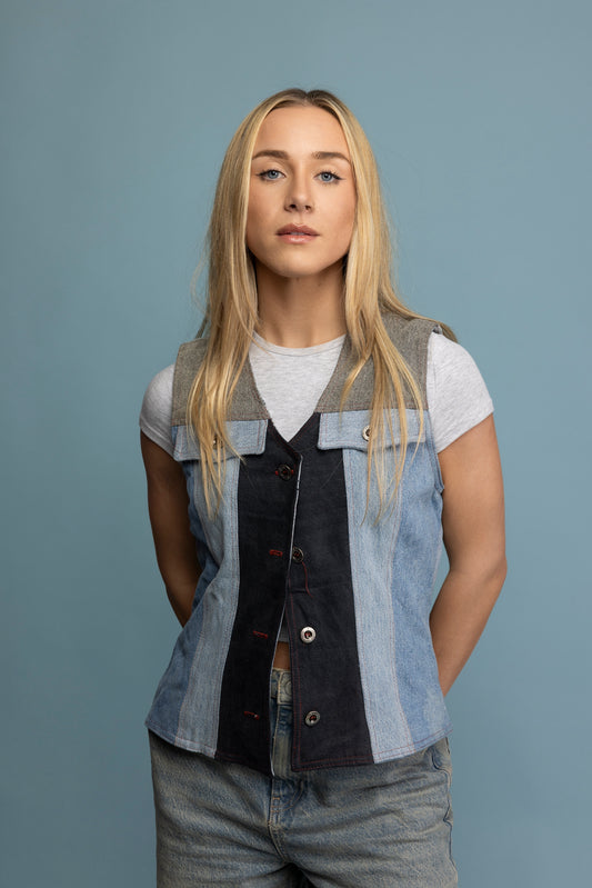 90's Handmade Patchwork Denim Waistcoat M