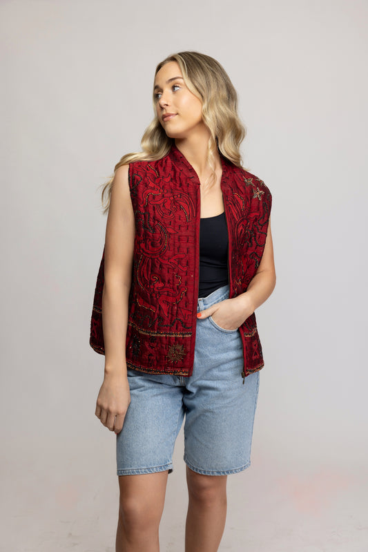70's Beaded Quilted Vest M