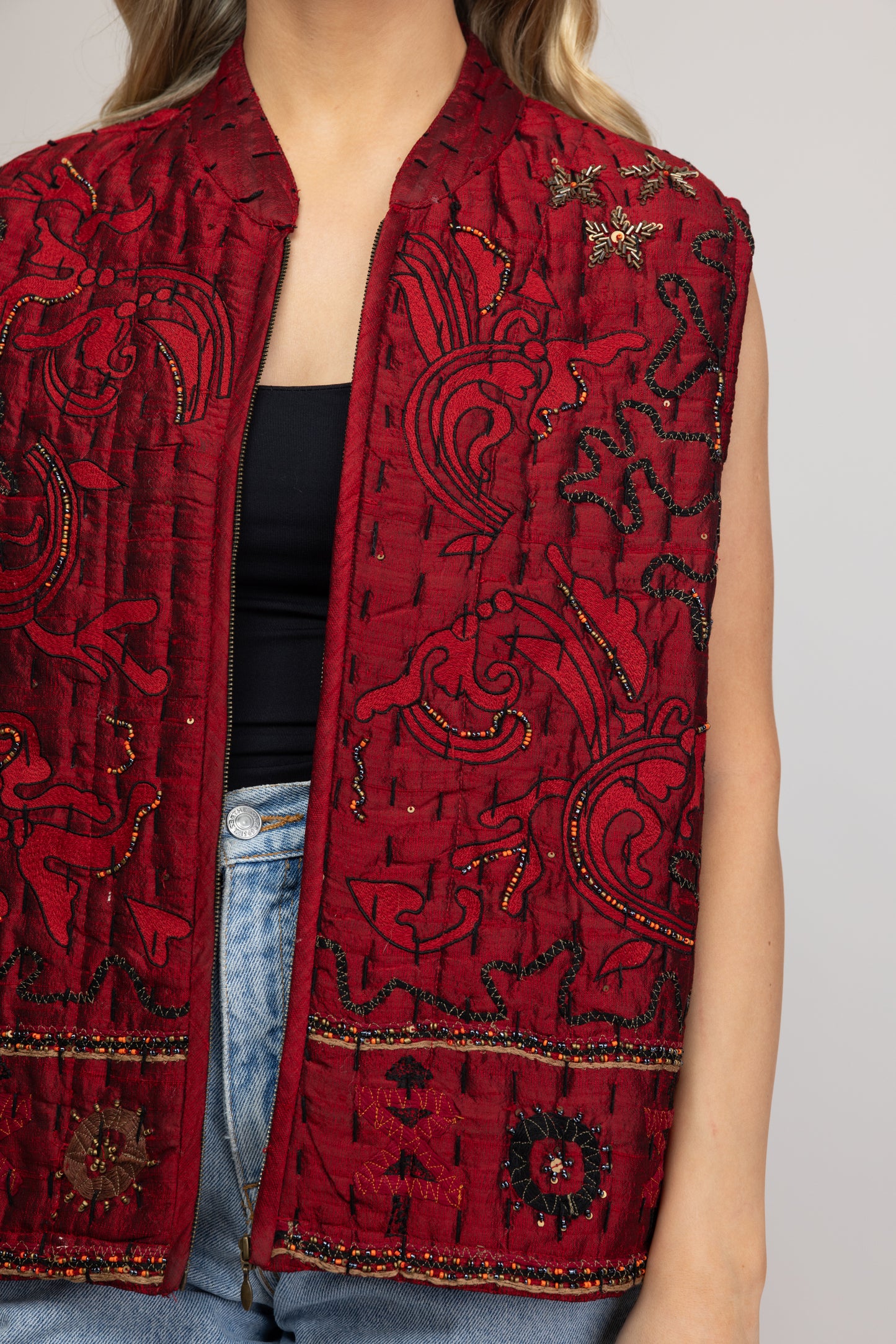 70's Beaded Quilted Vest M