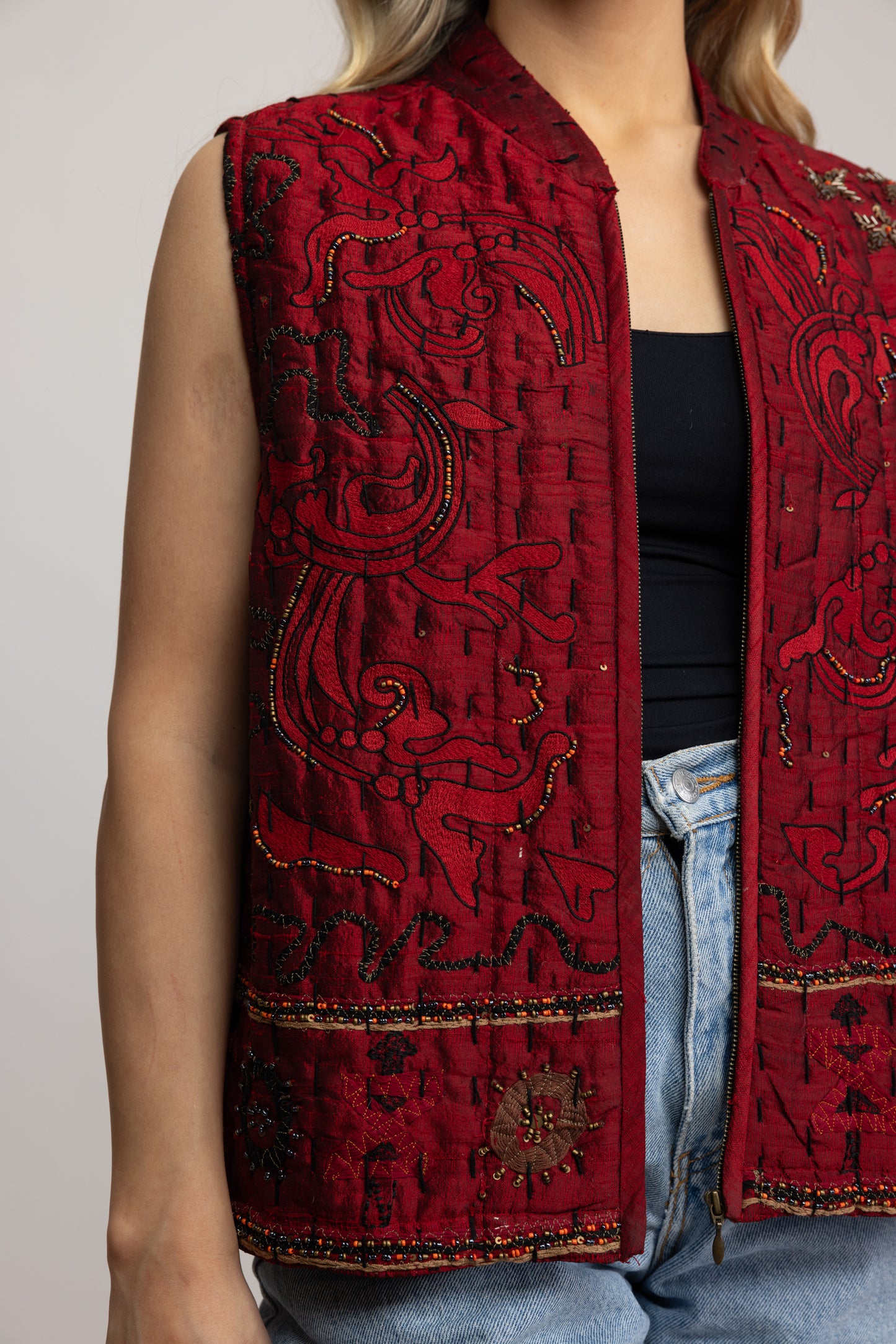 70's Beaded Quilted Vest M