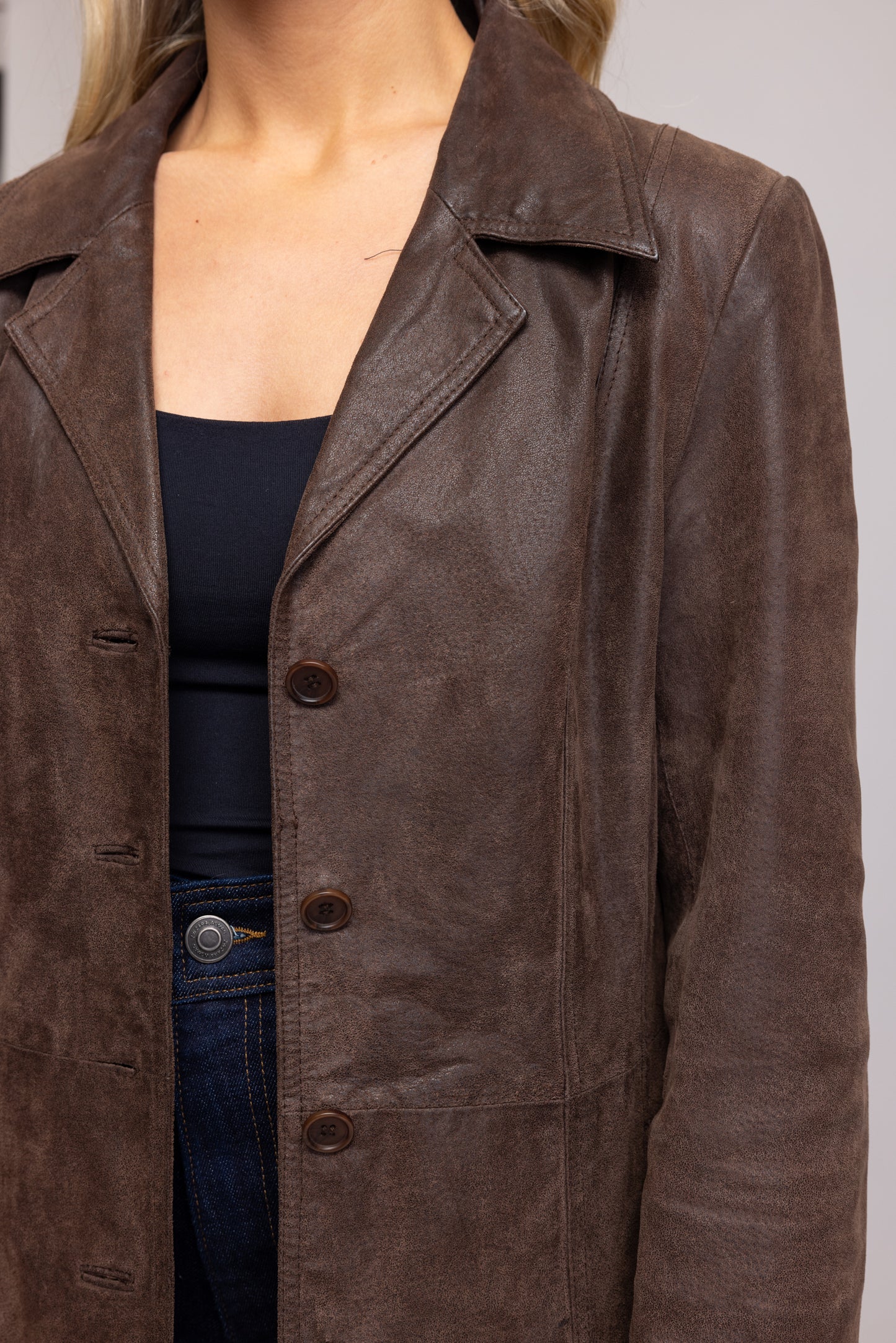 70's Brown Leather Midi Jacket M