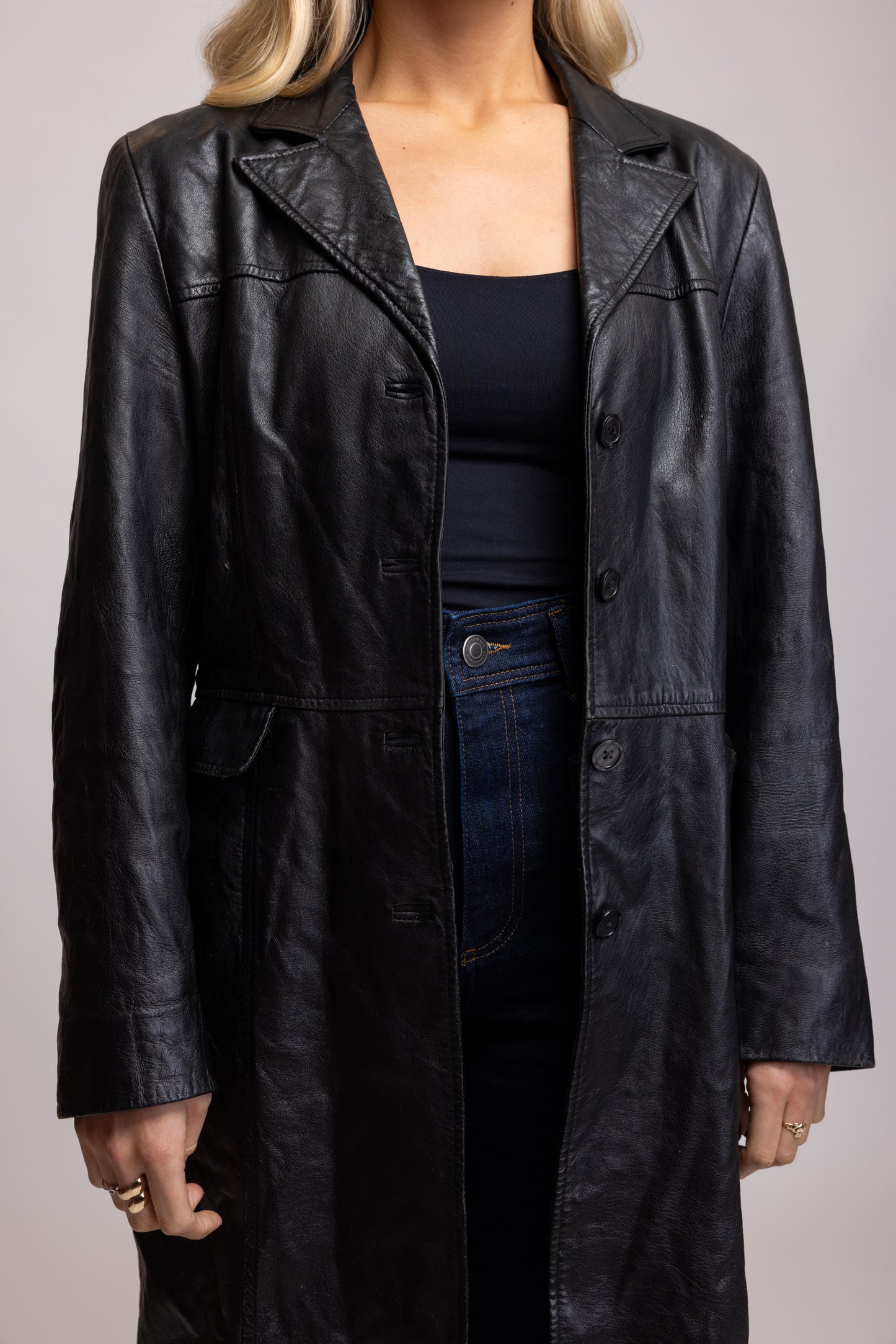 70's Black Leather Long Jacket M