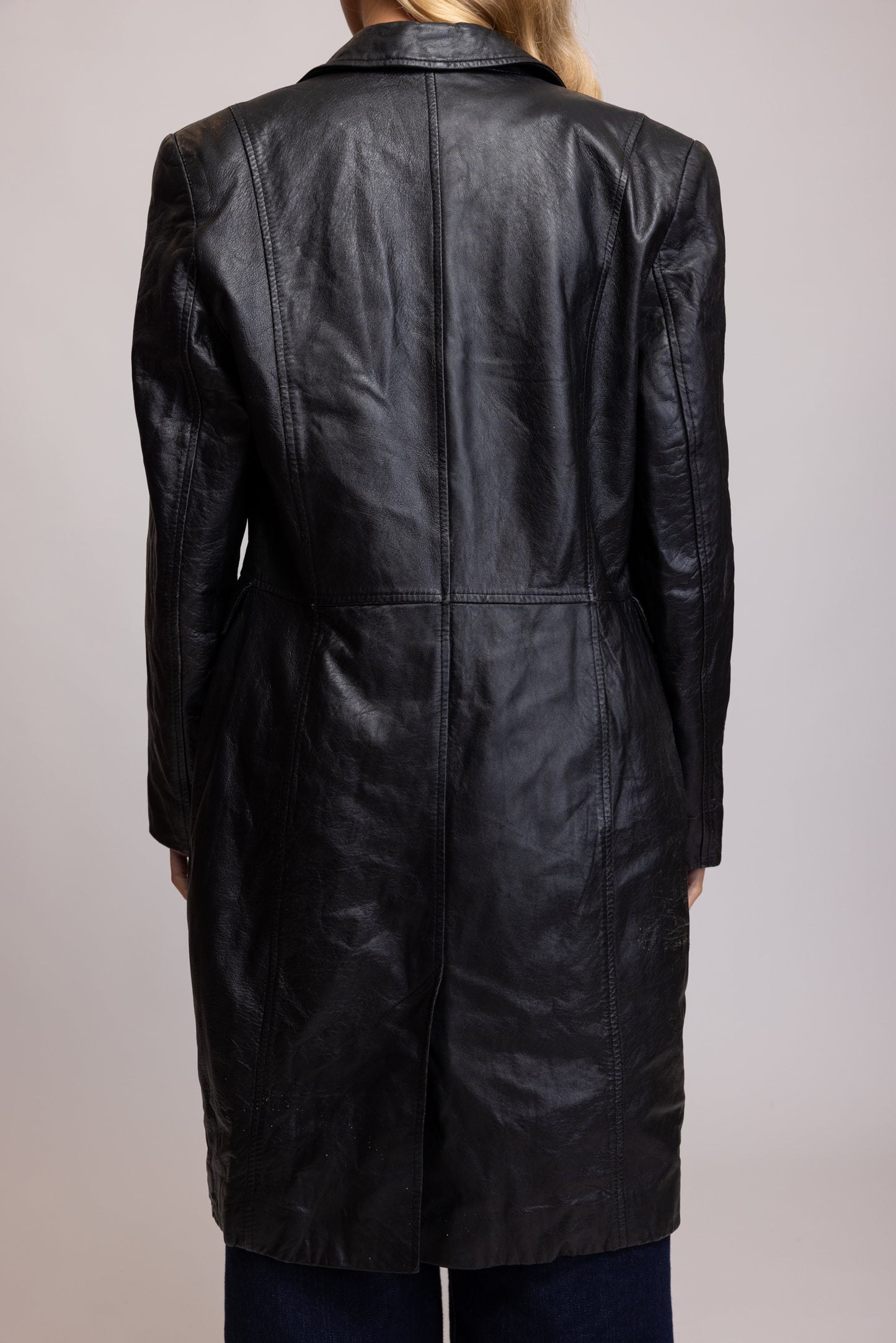 70's Black Leather Long Jacket M