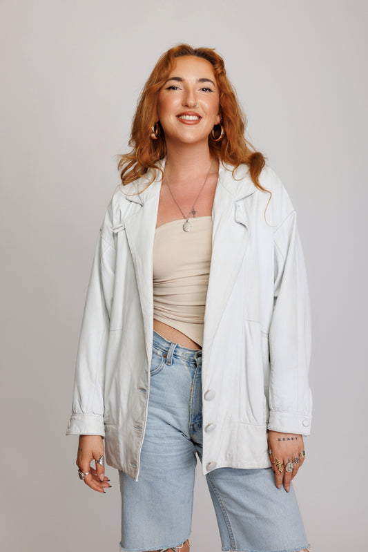 80's White Leather Oversized Jacket M/L