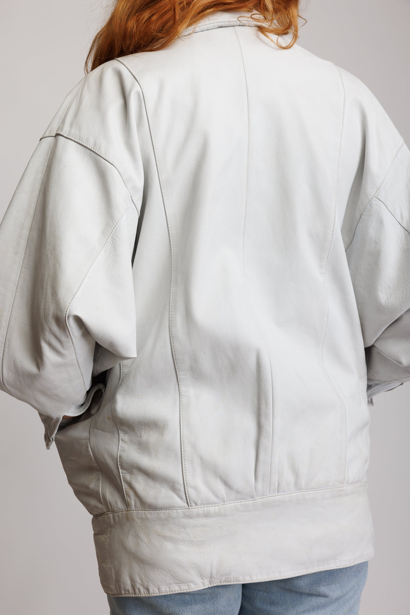 80's White Leather Oversized Jacket M/L