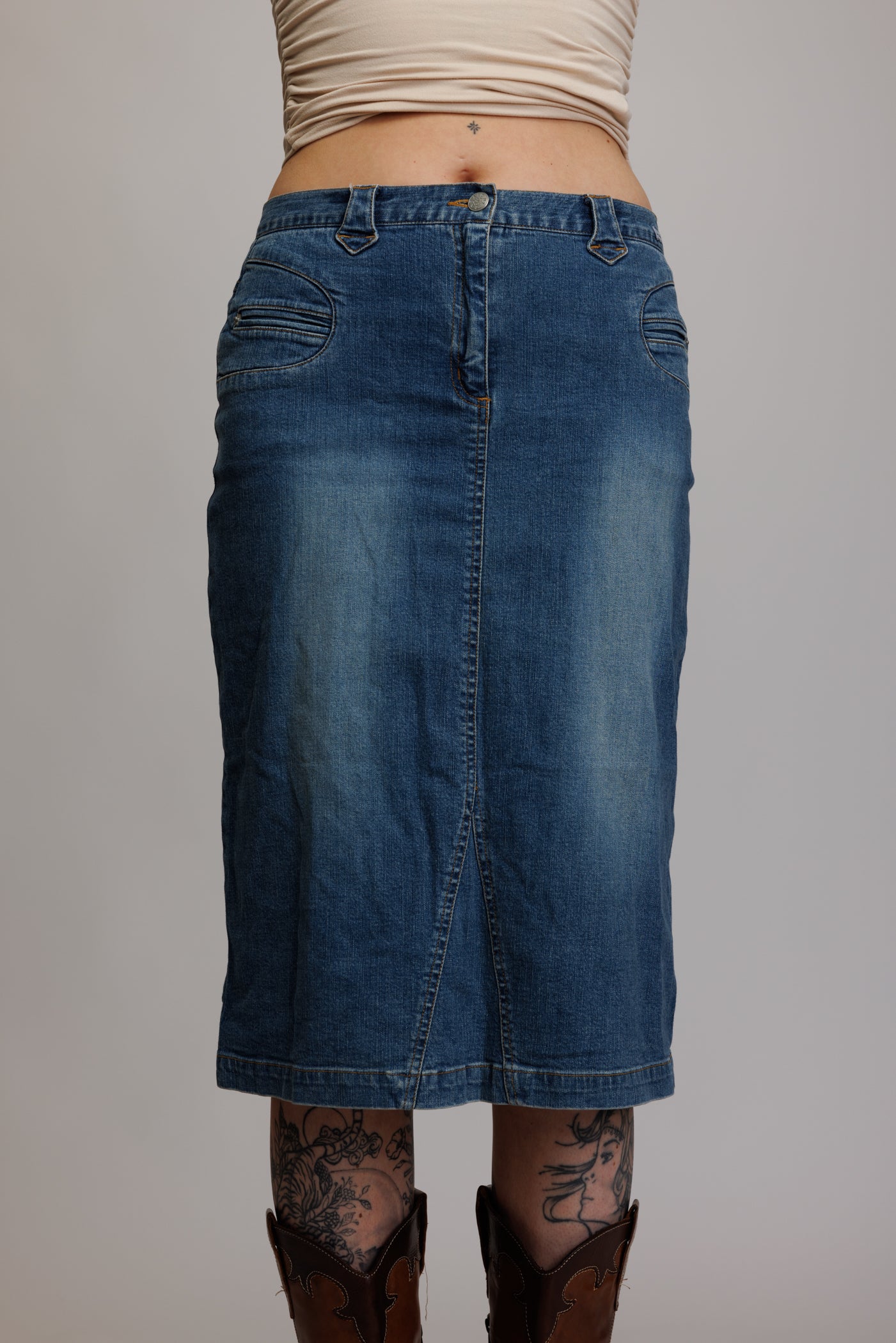 00's Denim Midi Embroidered Skirt S/M