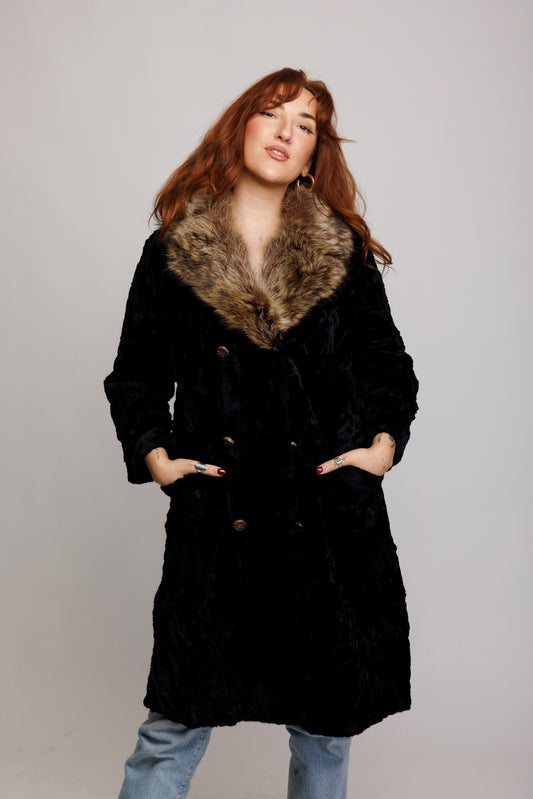 80's Faux Fur Midi Coat wirh Fur Trim M