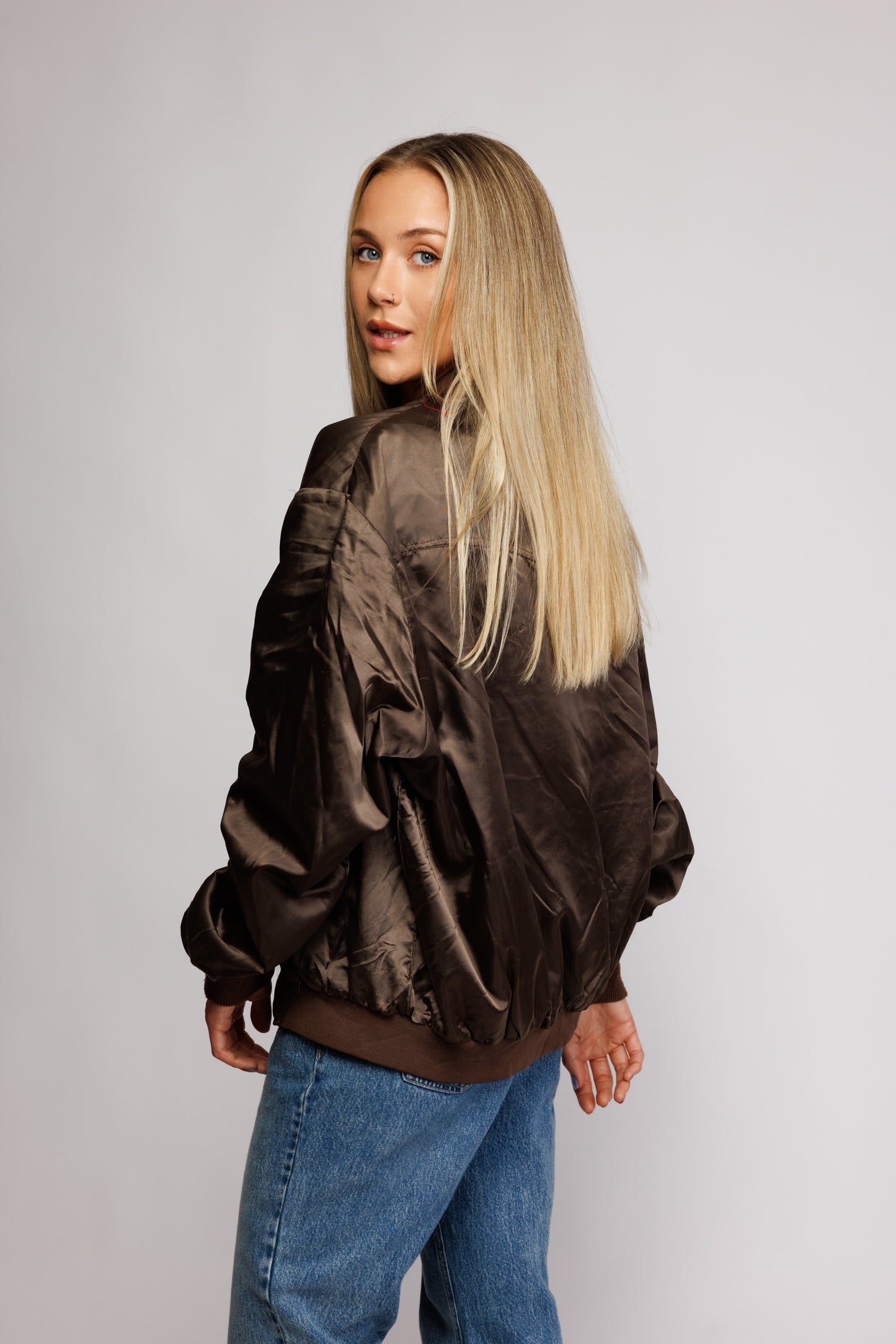 70's Brown Western Satin Bomber Jacket M