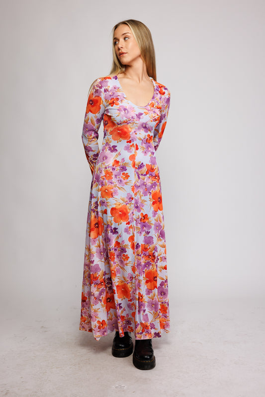 1970's Floral Maxi Dress S