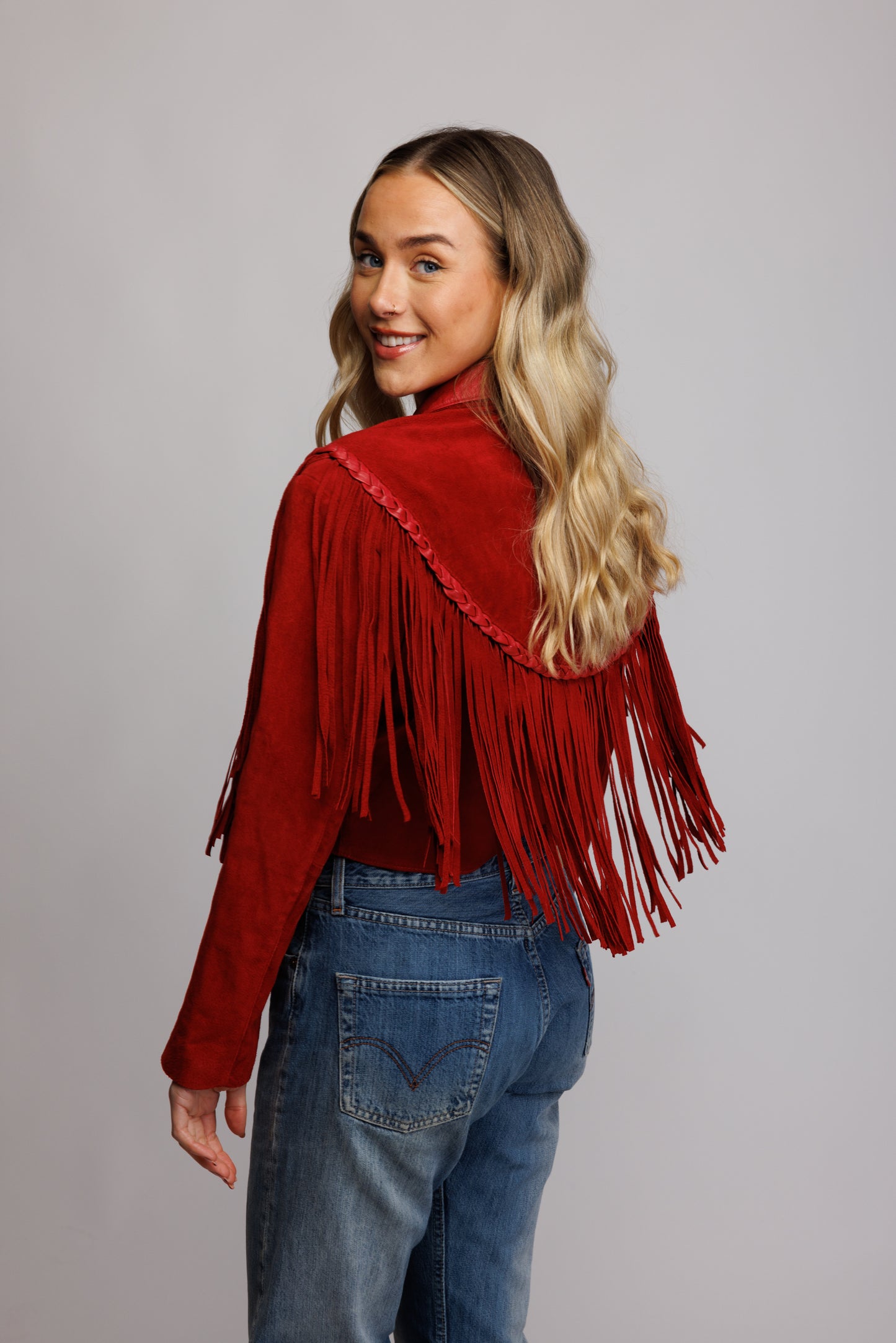 70's Red Suede Fringed Cropped Jacket S/M