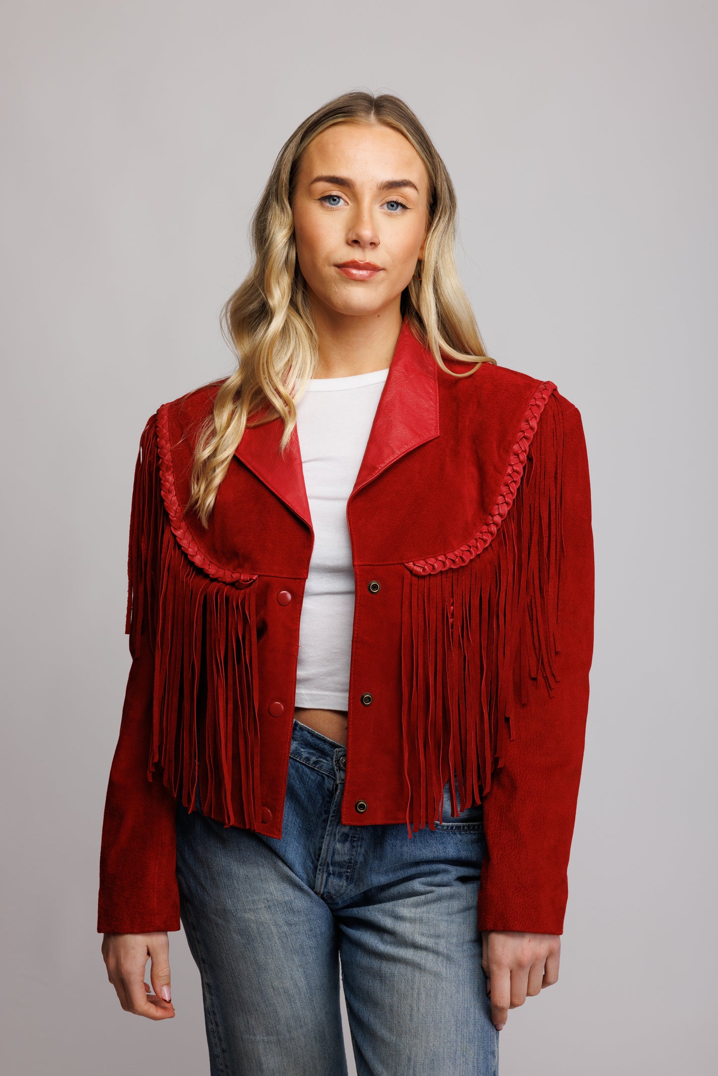 70's Red Suede Fringed Cropped Jacket S/M