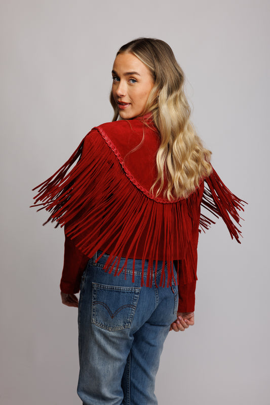 70's Red Suede Fringed Cropped Jacket S/M