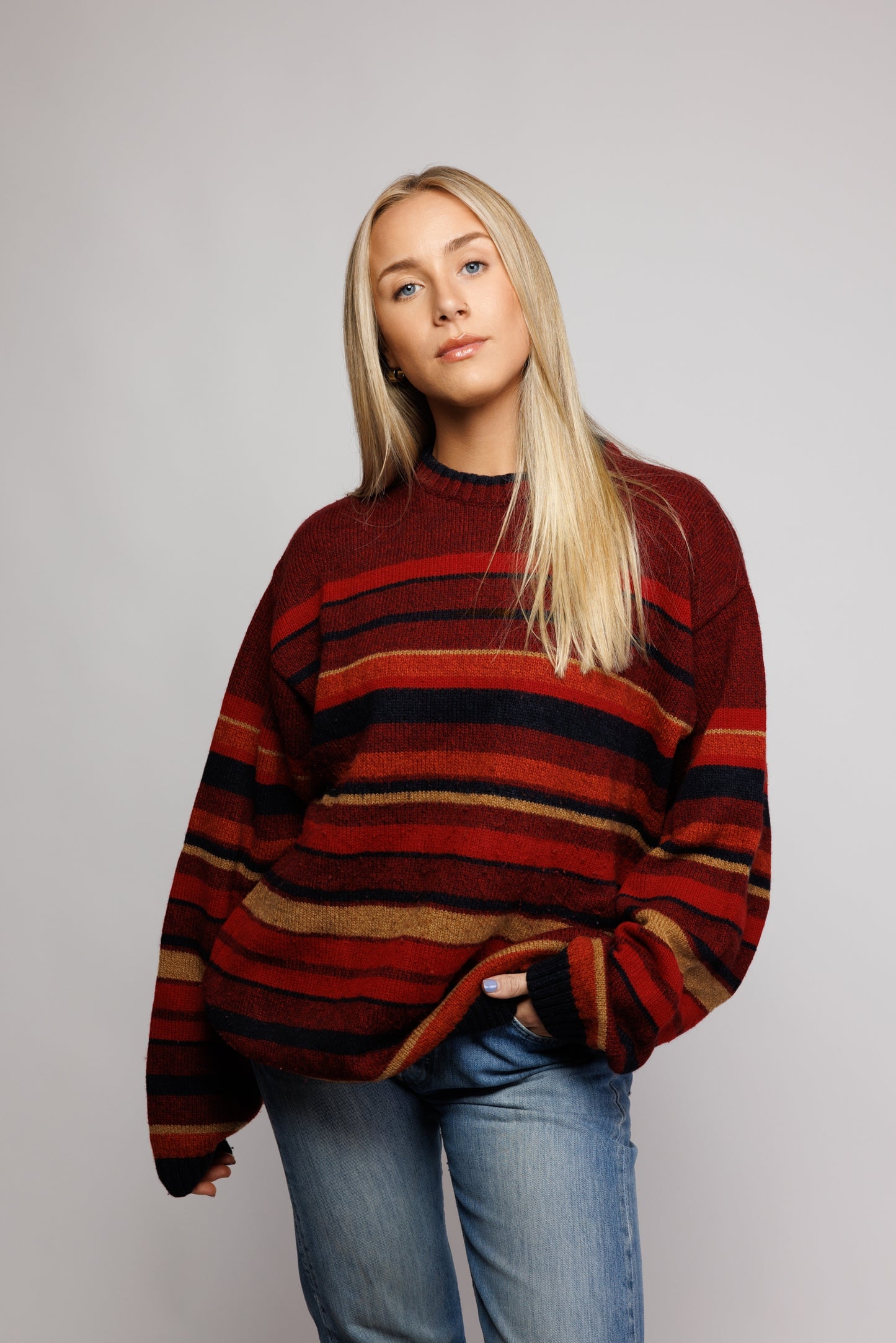 80's Red Striped Earth toned Knit Jumper L/XL