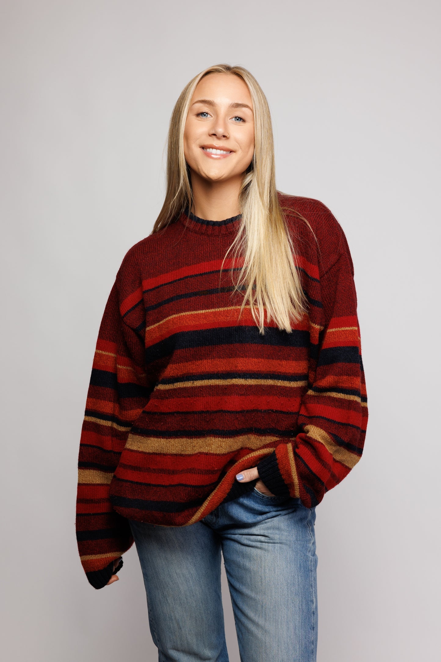 80's Red Striped Earth toned Knit Jumper L/XL