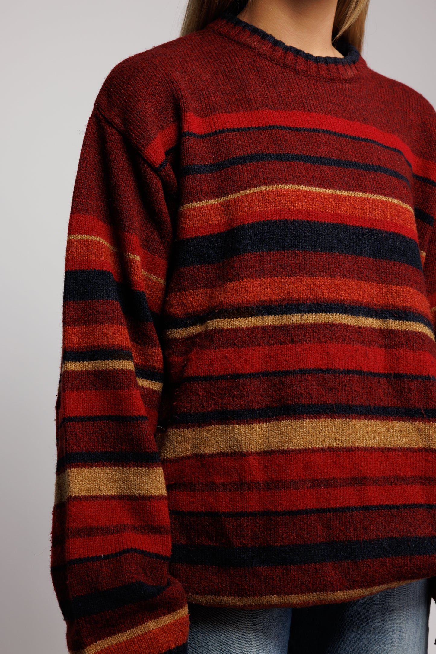 80's Red Striped Earth toned Knit Jumper L/XL