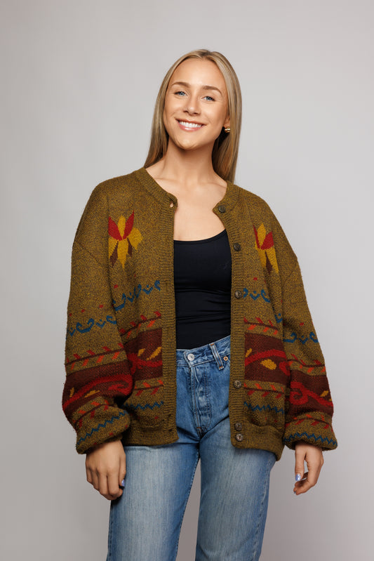 70's Autumnal Patterened Oversized Cardi Jacket M