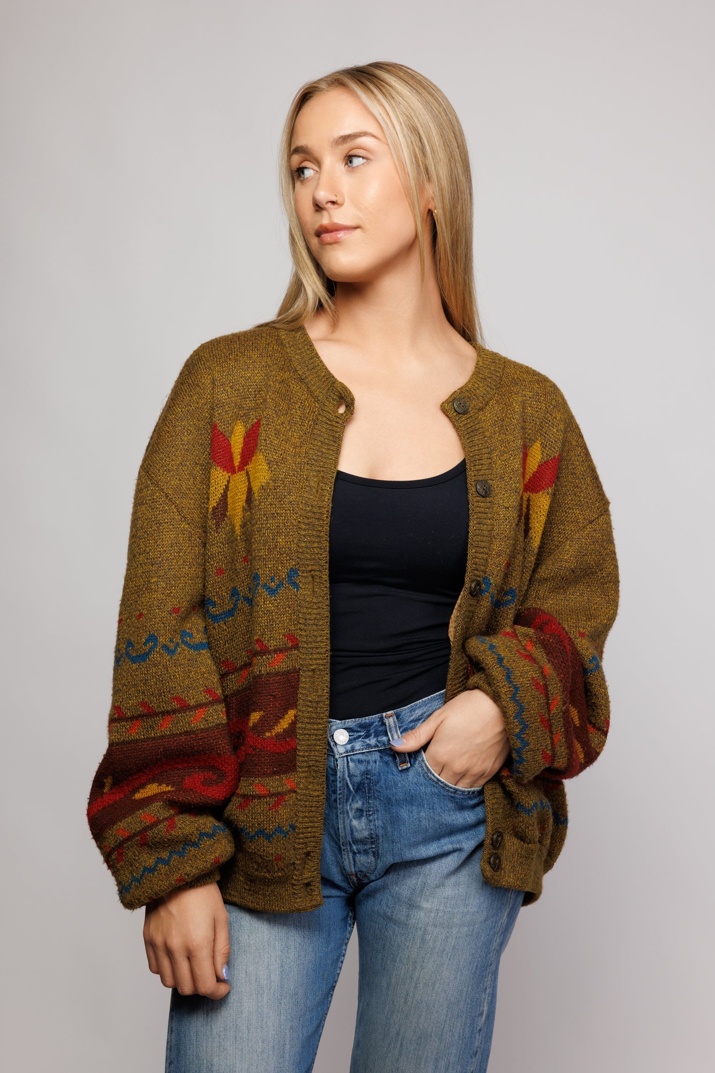 70's Autumnal Patterened Oversized Cardi Jacket M