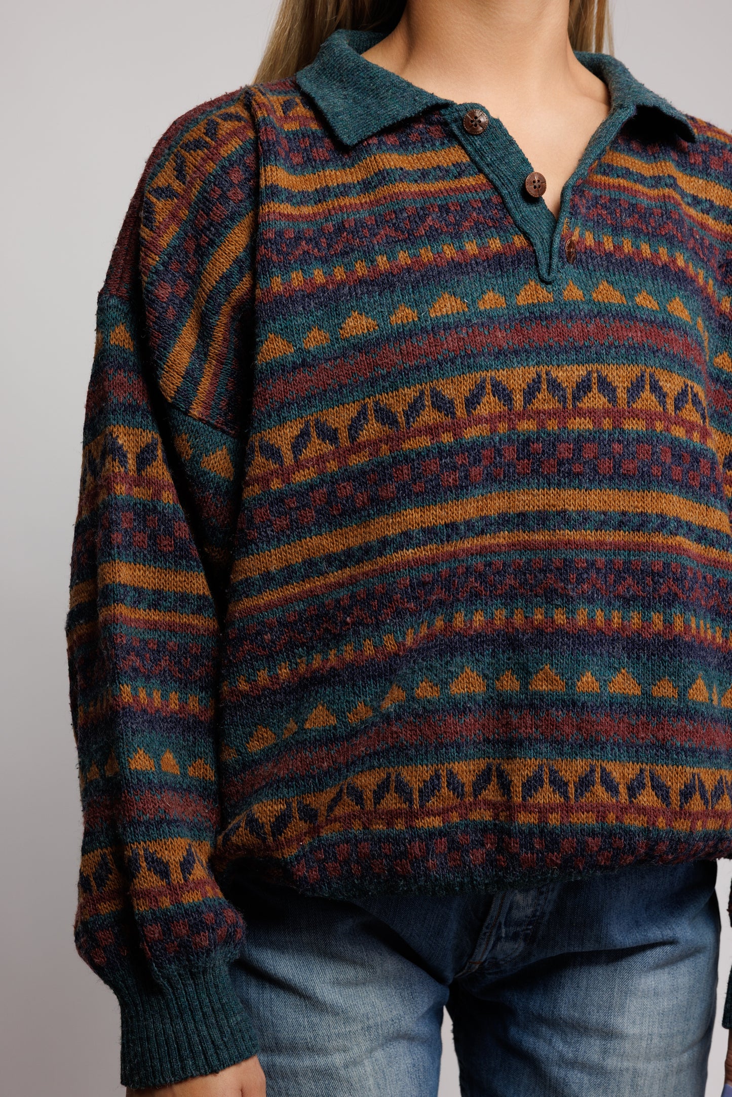 70's Fairisle Earthy Toned Button Knit Jumper M