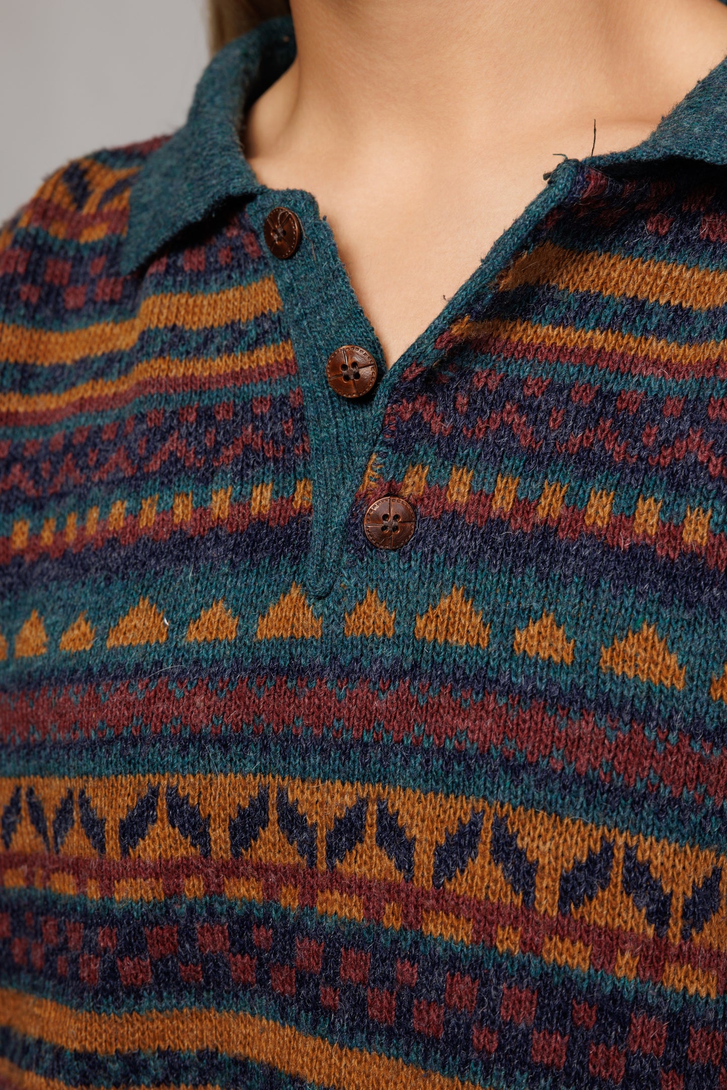 70's Fairisle Earthy Toned Button Knit Jumper M