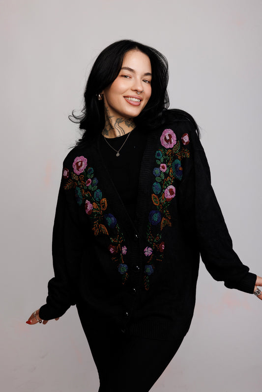 80's Beaded Floral Cardigan M
