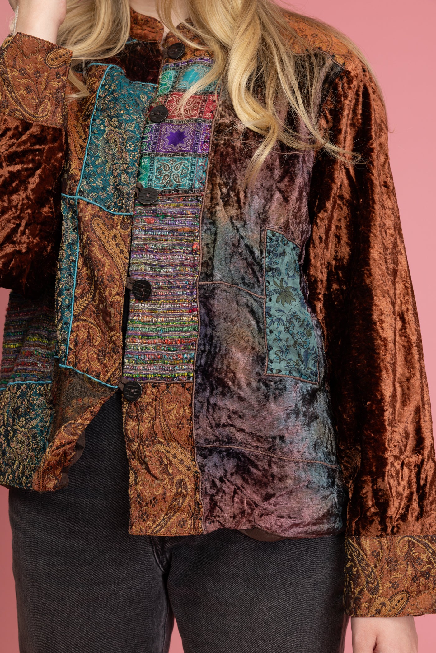 1970's Earth Tone Velvet Patchwork Jacket M/L