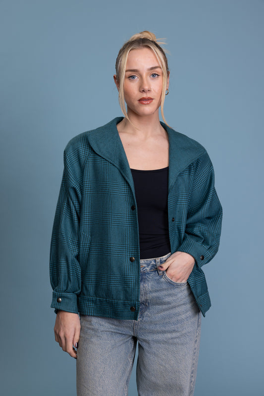 80's Teal Houndstooth Boxy Jacket M