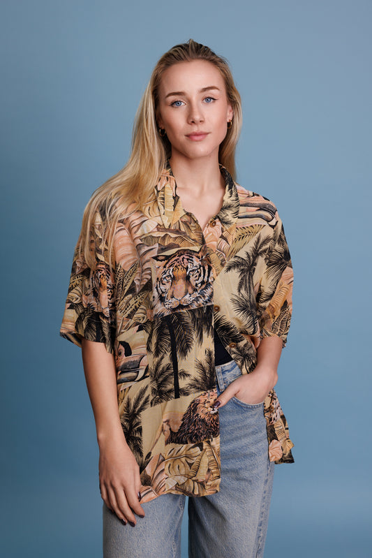 70's Jungle Print Sheer Shirt L