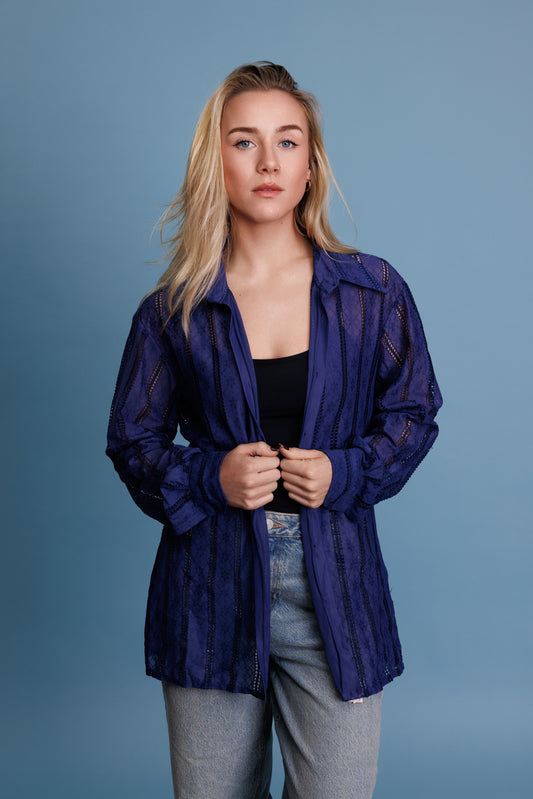 70's Broiderie Blue Blouse M/L