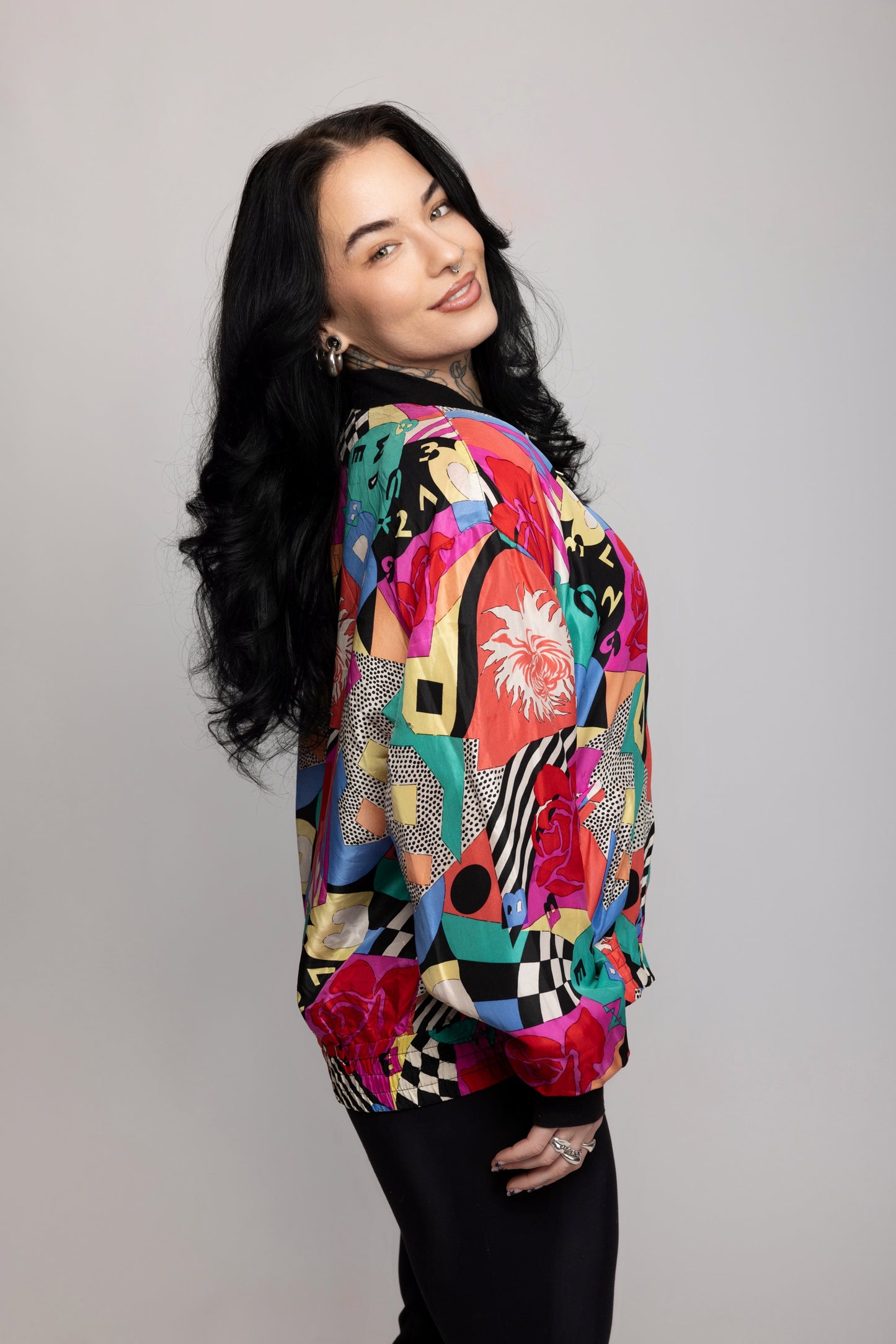 80's Colourful Silk Bomber Jacket M