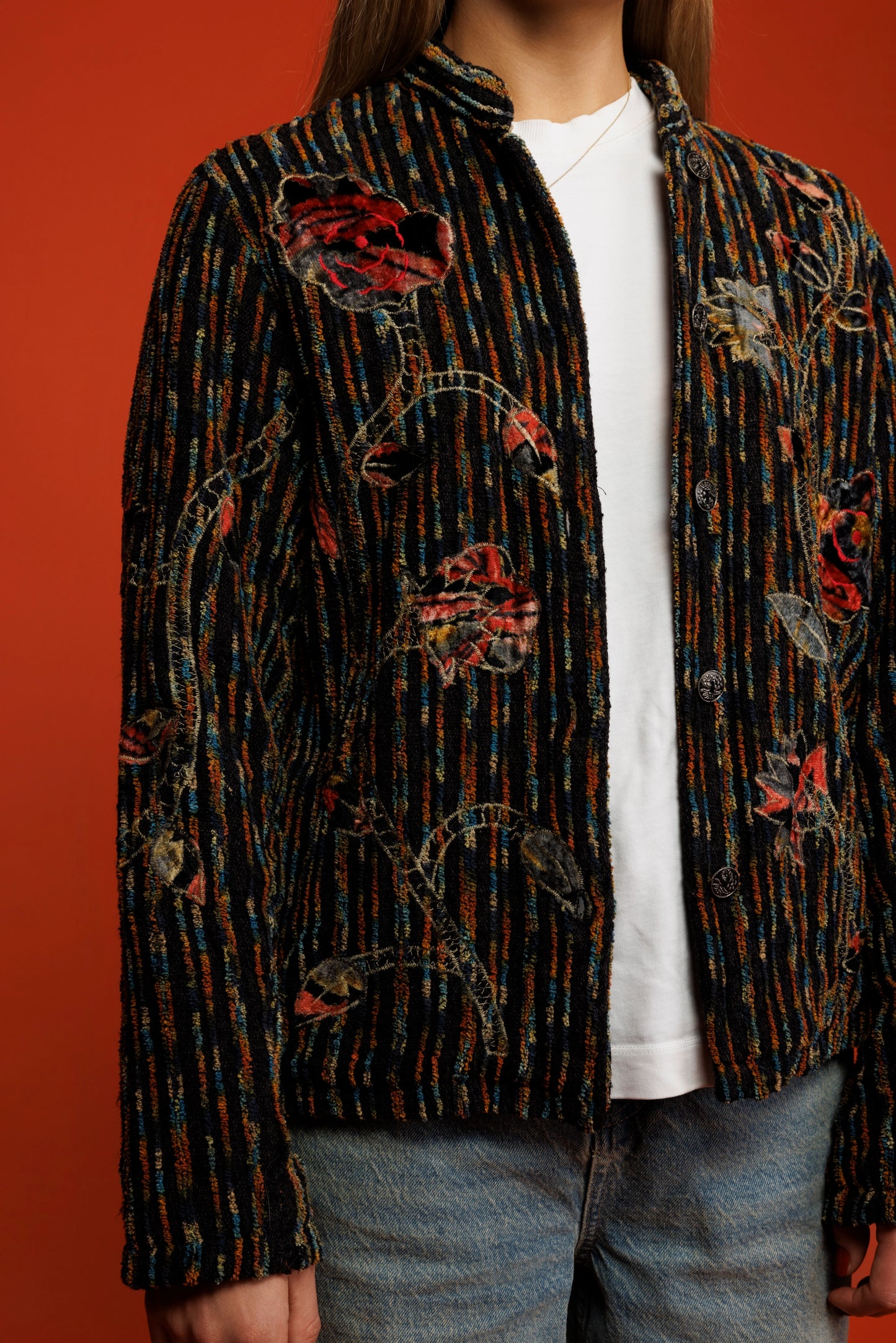 70's Crushed Velvet Floral Jacket M