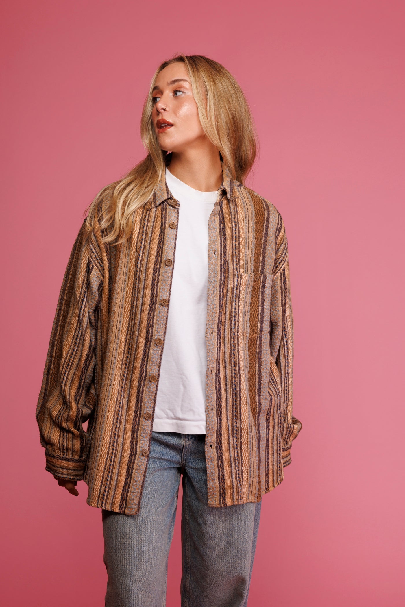 90's Textured Aztec Striped Shirt L