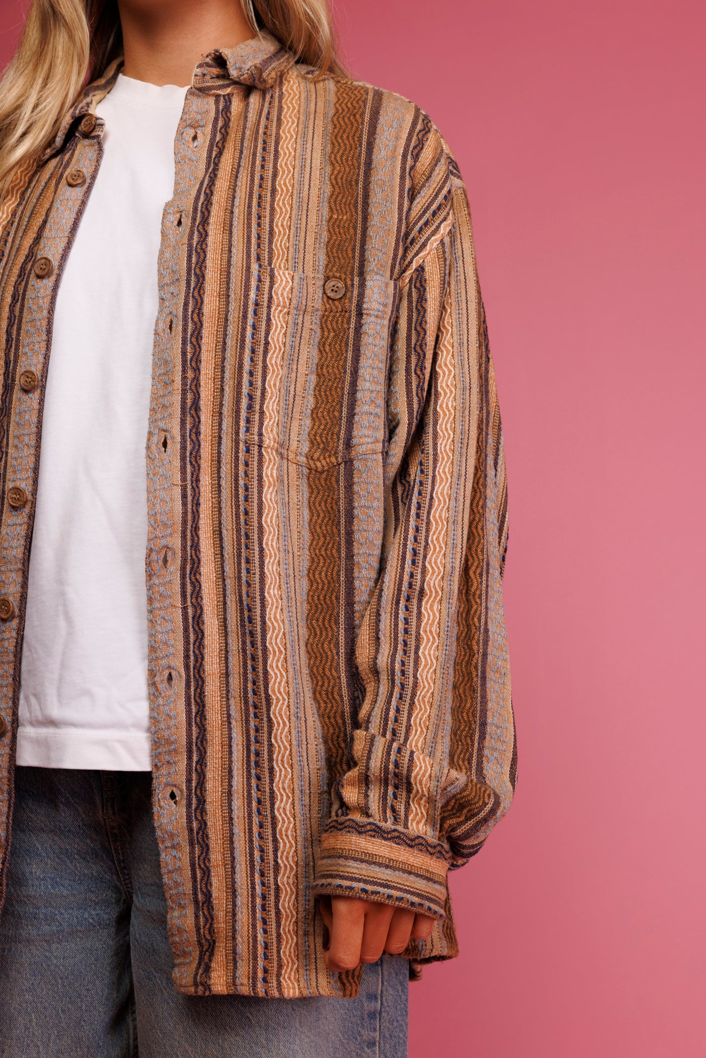 90's Textured Aztec Striped Shirt L