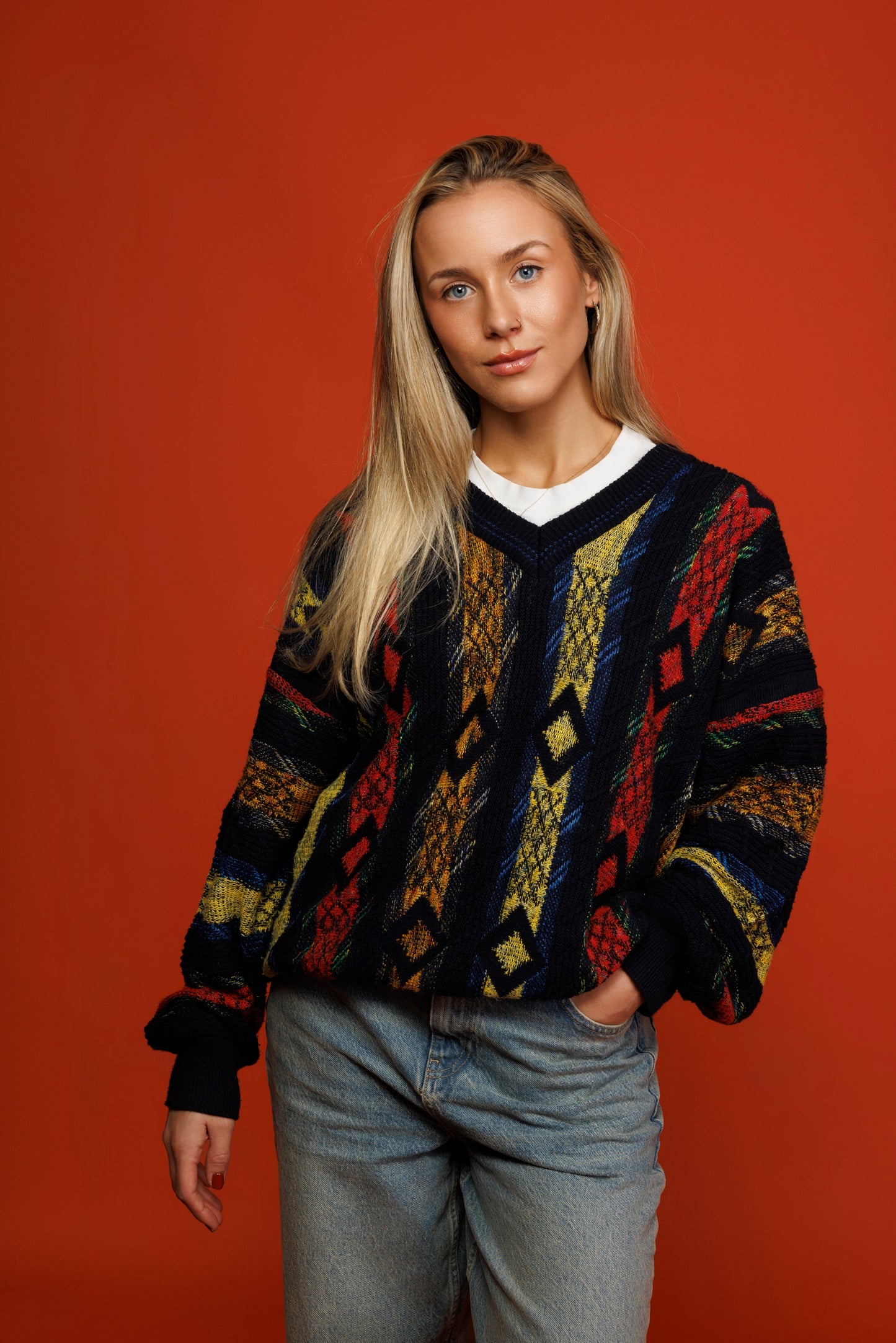 80's Colourful Cable Knit Jumper L