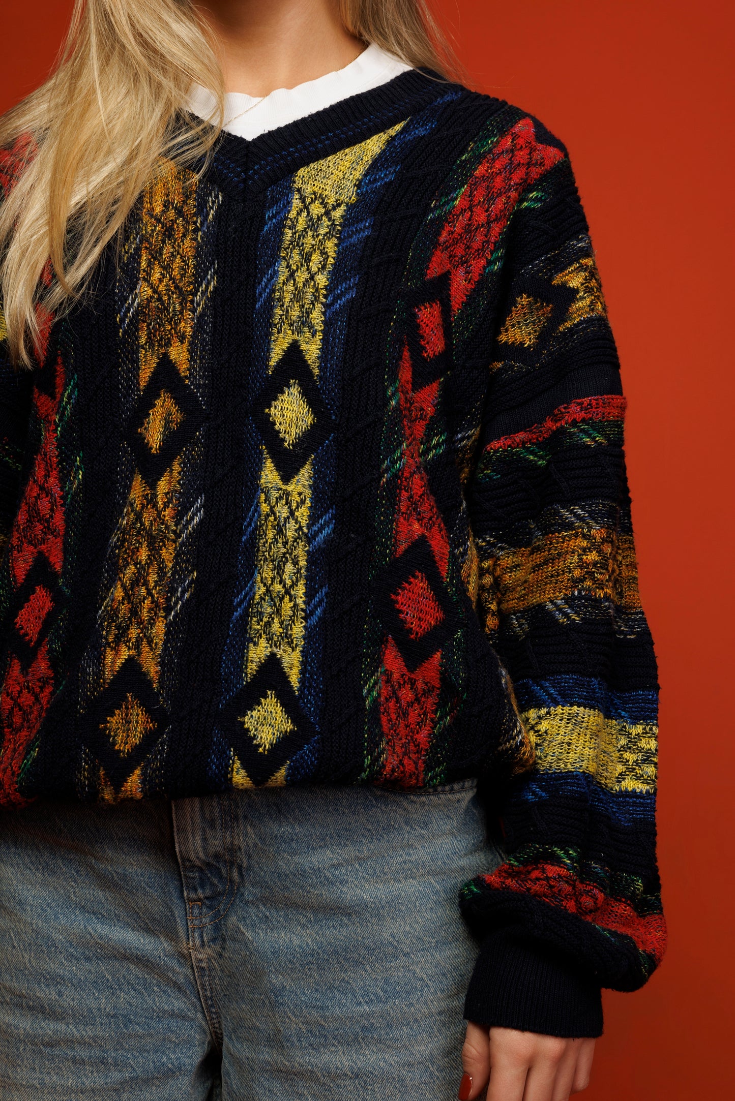 80's Colourful Cable Knit Jumper L