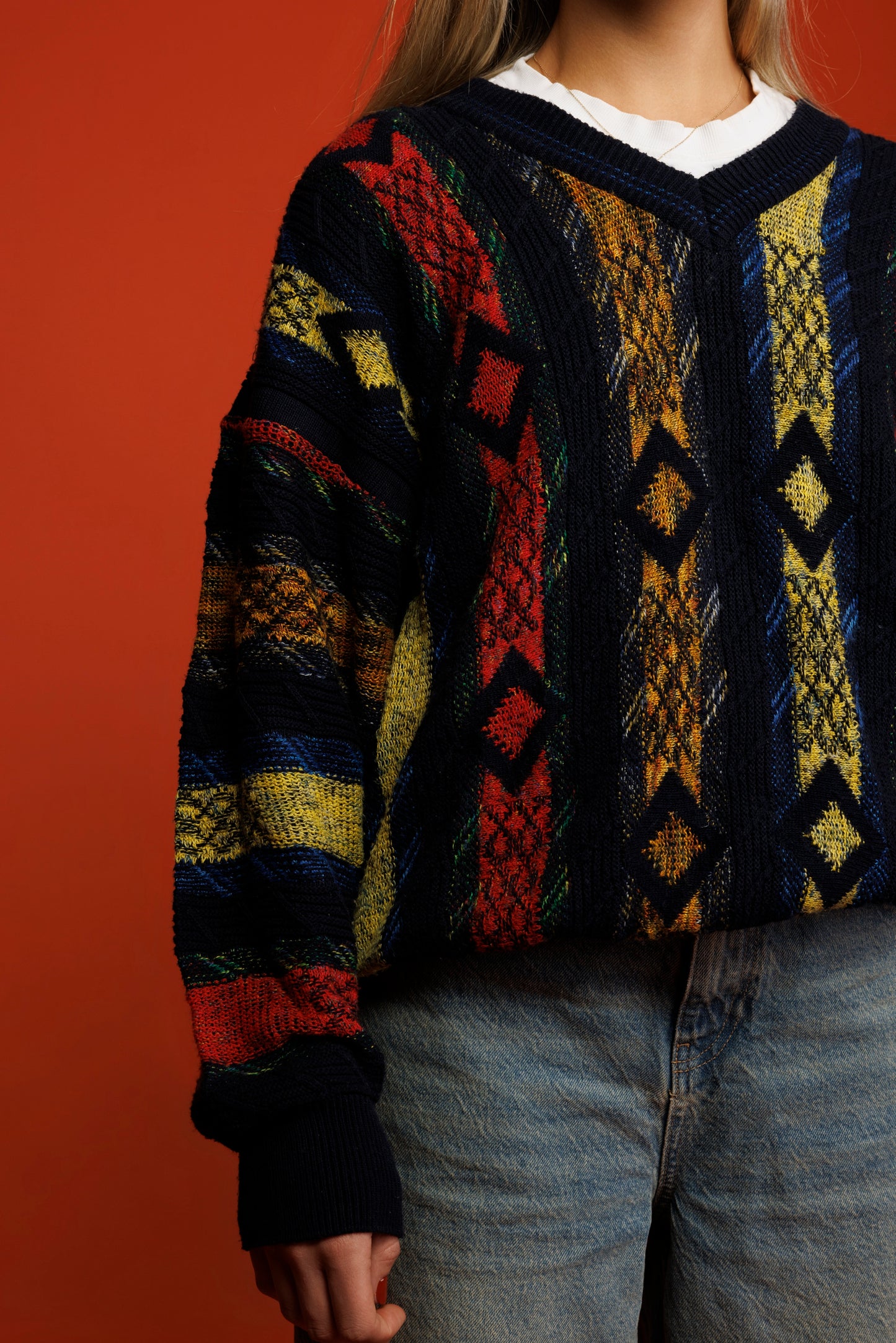 80's Colourful Cable Knit Jumper L